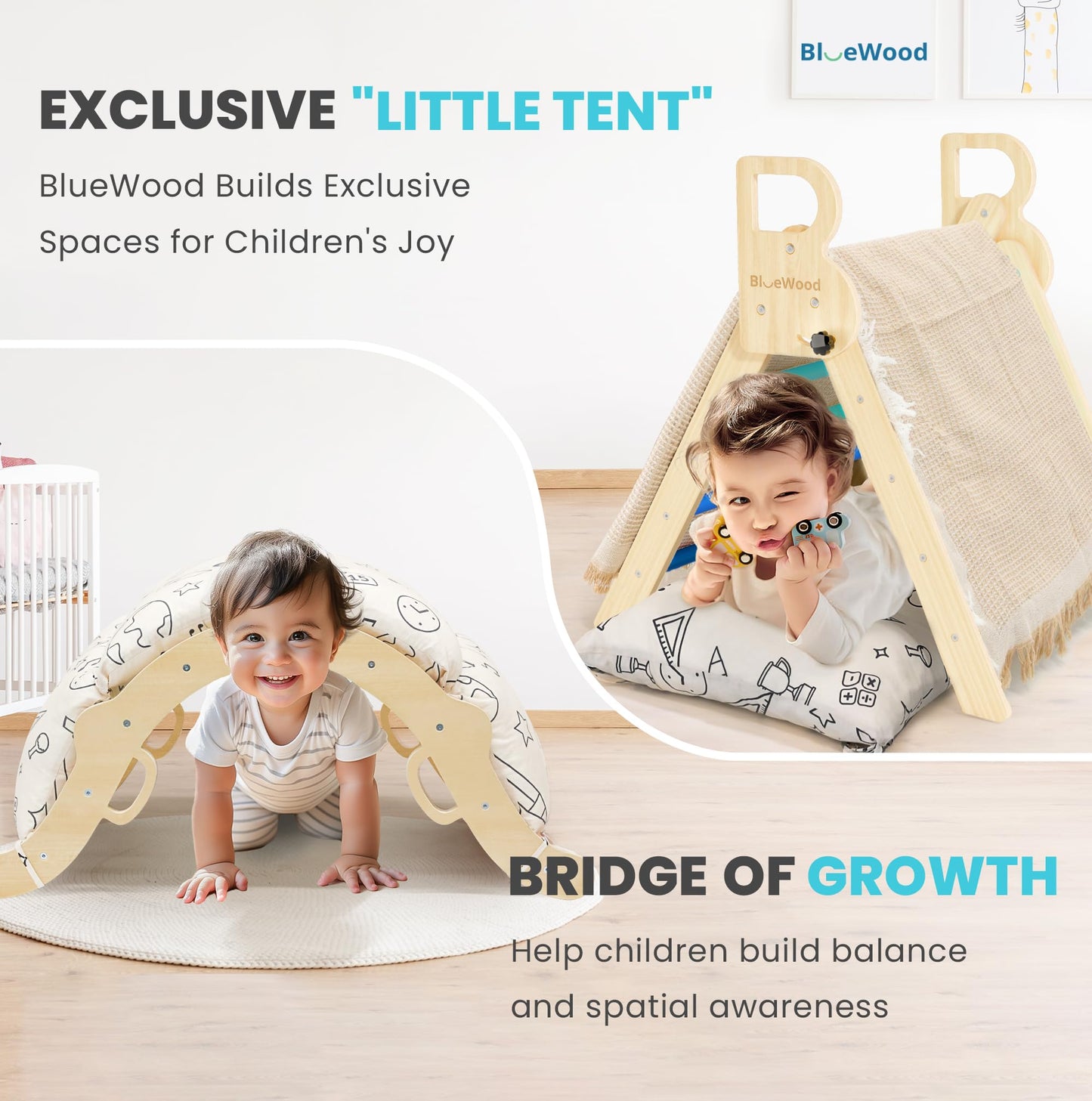 BlueWood Pikler Triangle Set with Cushion – 8-in-1 Montessori Climber
