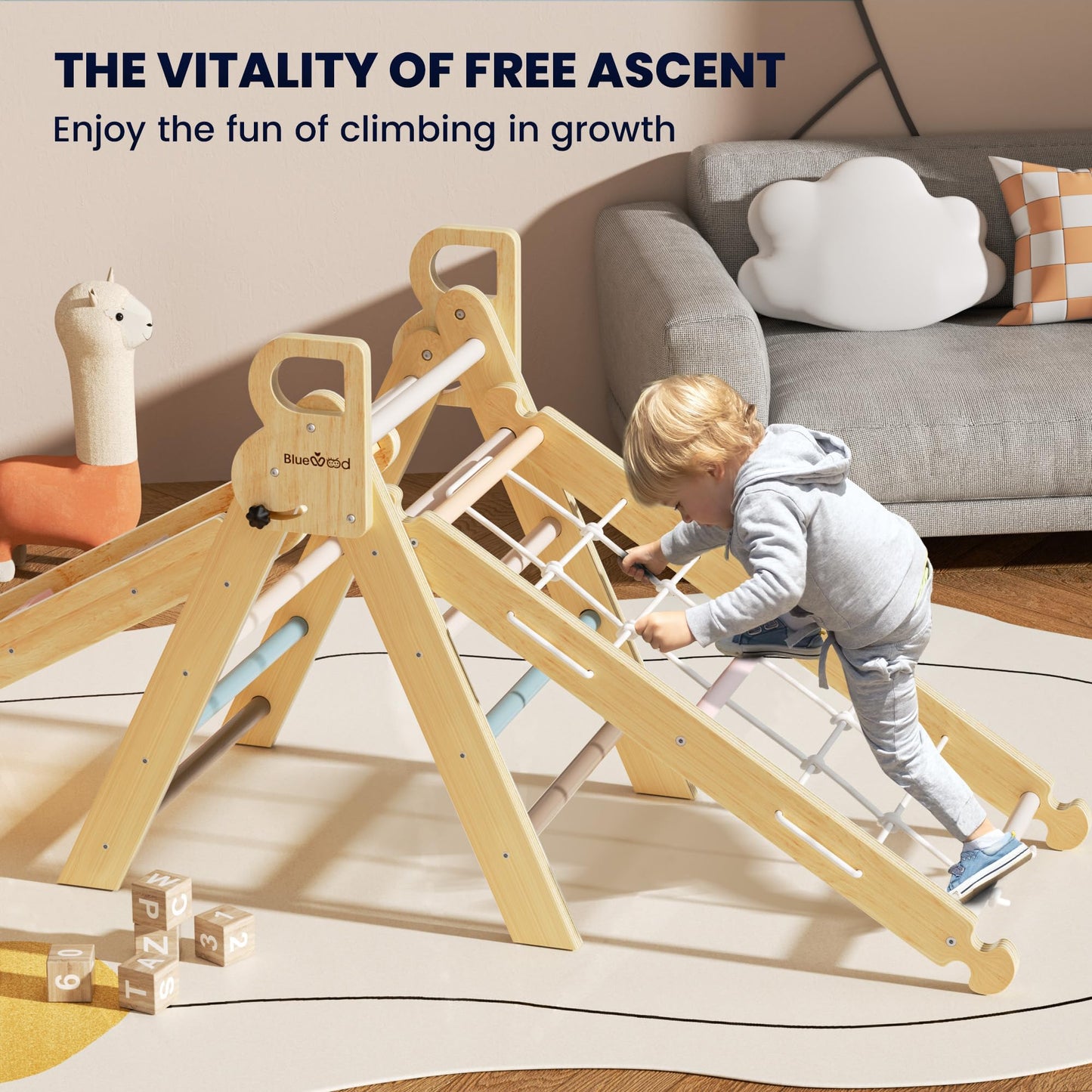 BlueWood 8-in-1 Pikler Triangle Climbing Set – Mauve Pink