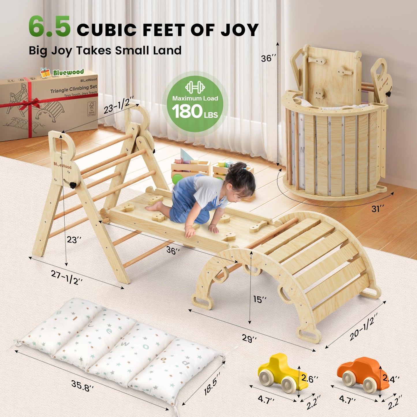 BlueWood Pikler Triangle Set with Cushion – 9-in-1 Montessori Climbing Toy for Toddlers