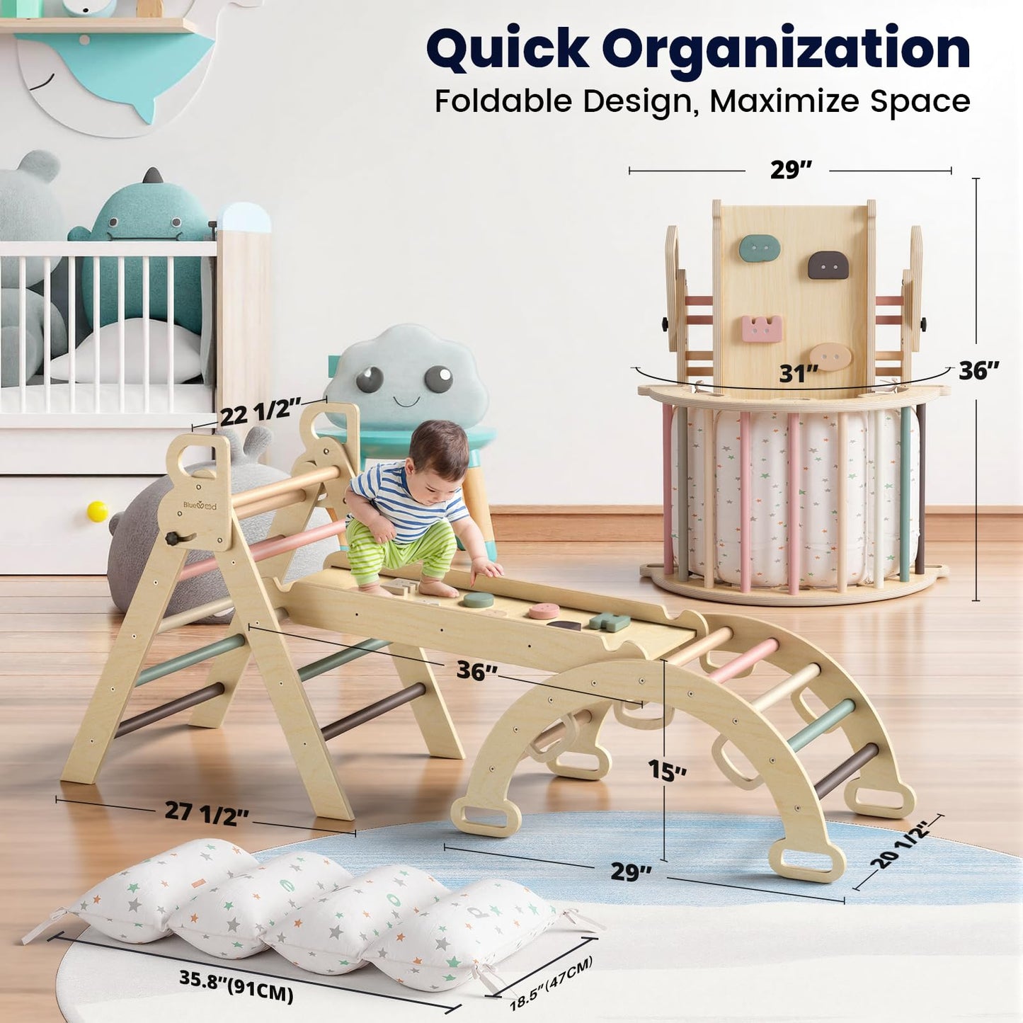 BlueWood Pikler Triangle Set with Cushion – 8-in-1 Foldable Montessori Climber (Mauve Pink)