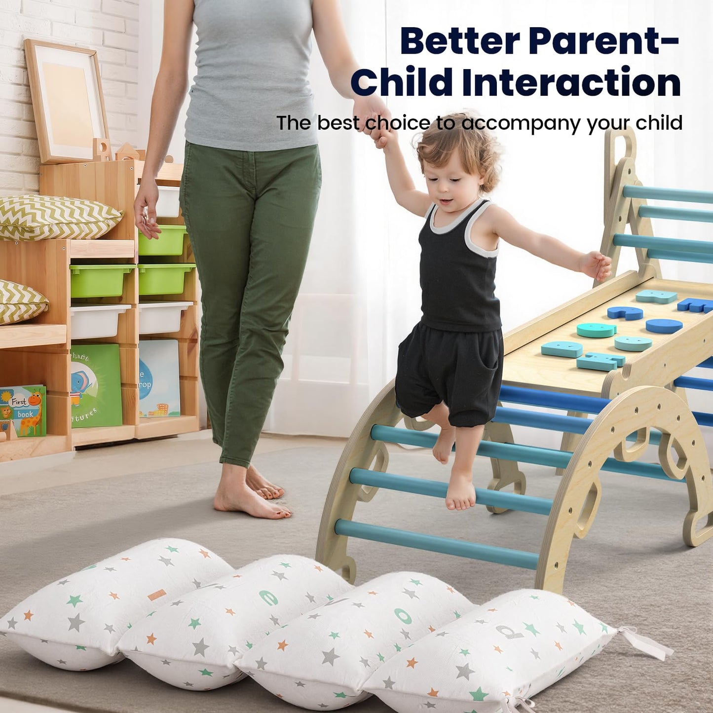 BlueWood Pikler Triangle Set with Cushion — 8-in-1 Foldable Montessori Climber for 2–6 Years