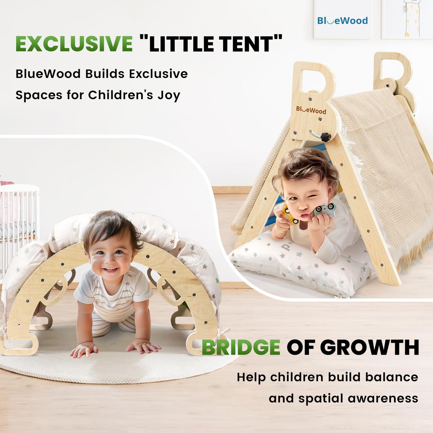 BlueWood Pikler Triangle Set with Cushion – 9-in-1 Montessori Climbing Toy for Toddlers (Blue)