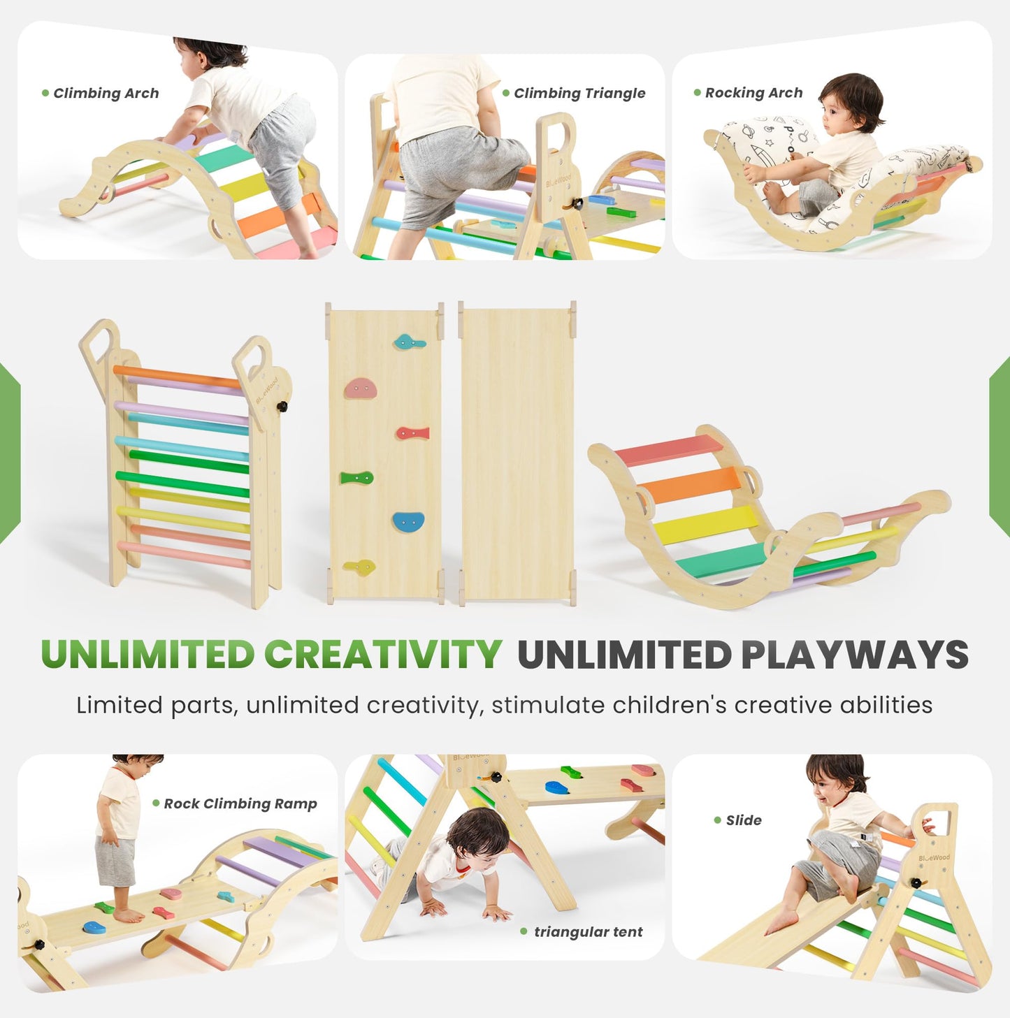 BlueWood Pikler Triangle Set with Cushion – 8-in-1 Montessori Climbing Toy for Toddlers (Sunshine Rainbow)