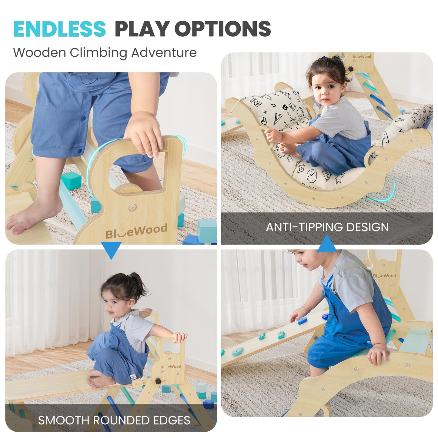 BlueWood Pikler Triangle Set with Cushion – 8-in-1 Montessori Climber