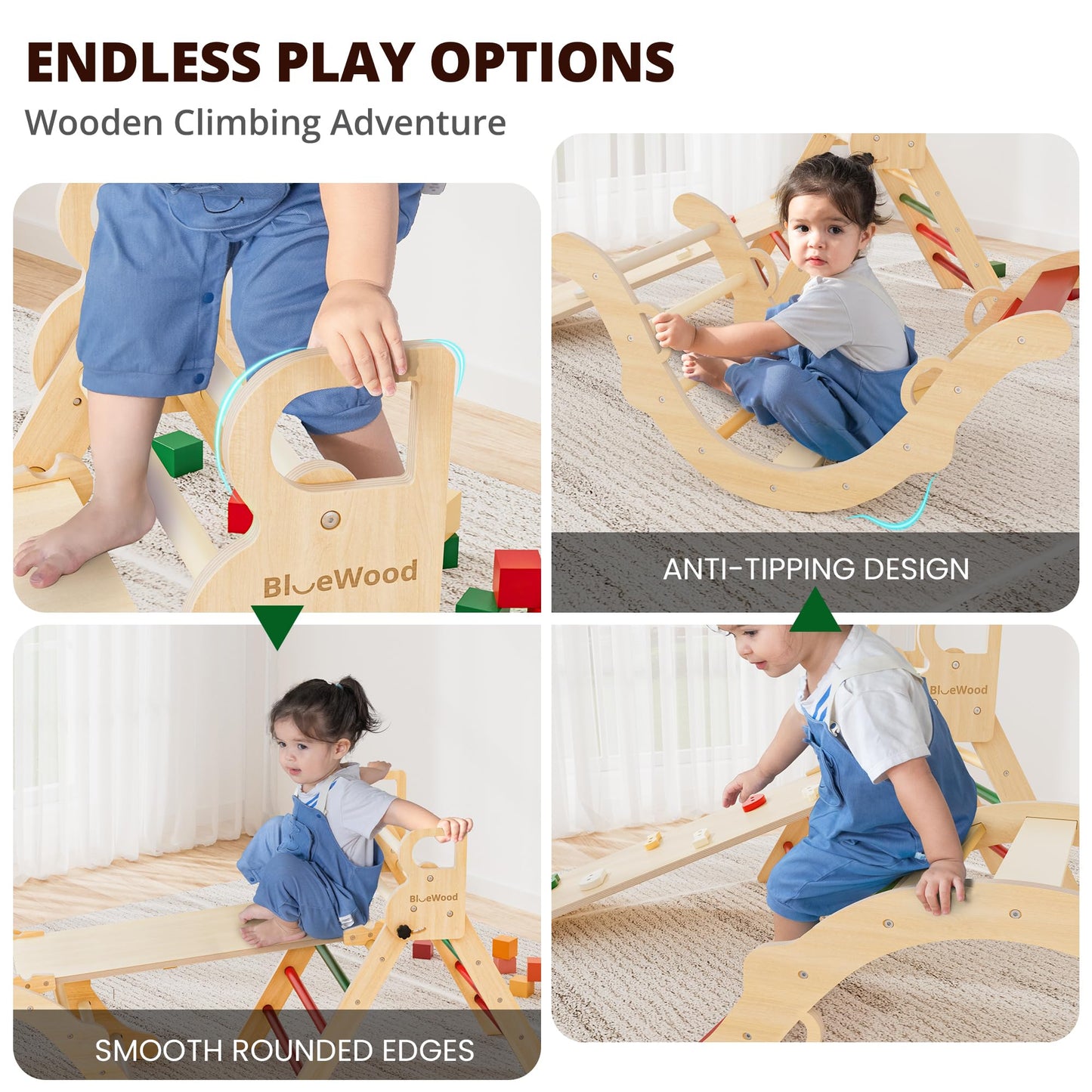 BlueWood Pikler Triangle Set – 7-in-1 Foldable Montessori Climber for Kids | Indoor Wooden Climber