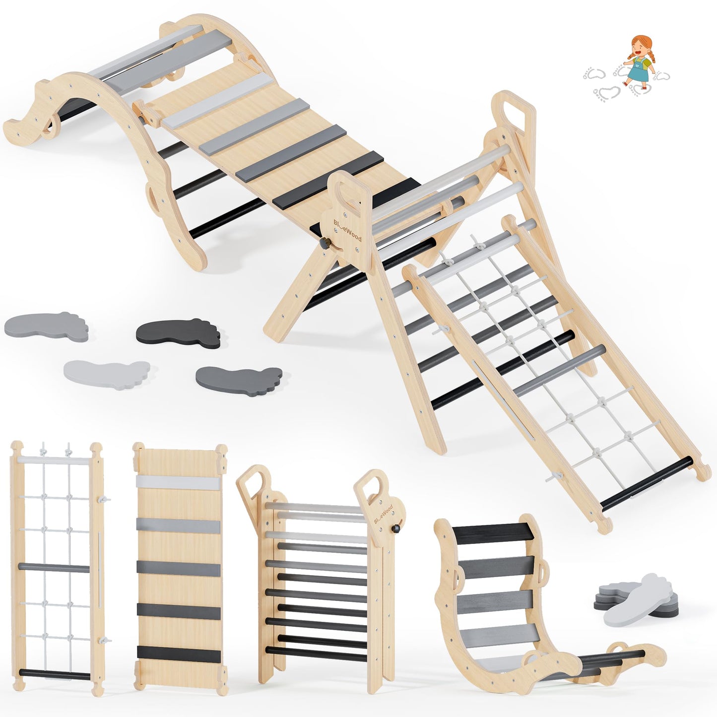 BlueWood 10-in-1 Pikler Triangle Set – Montessori Toddler Climber (Grey Twilight)