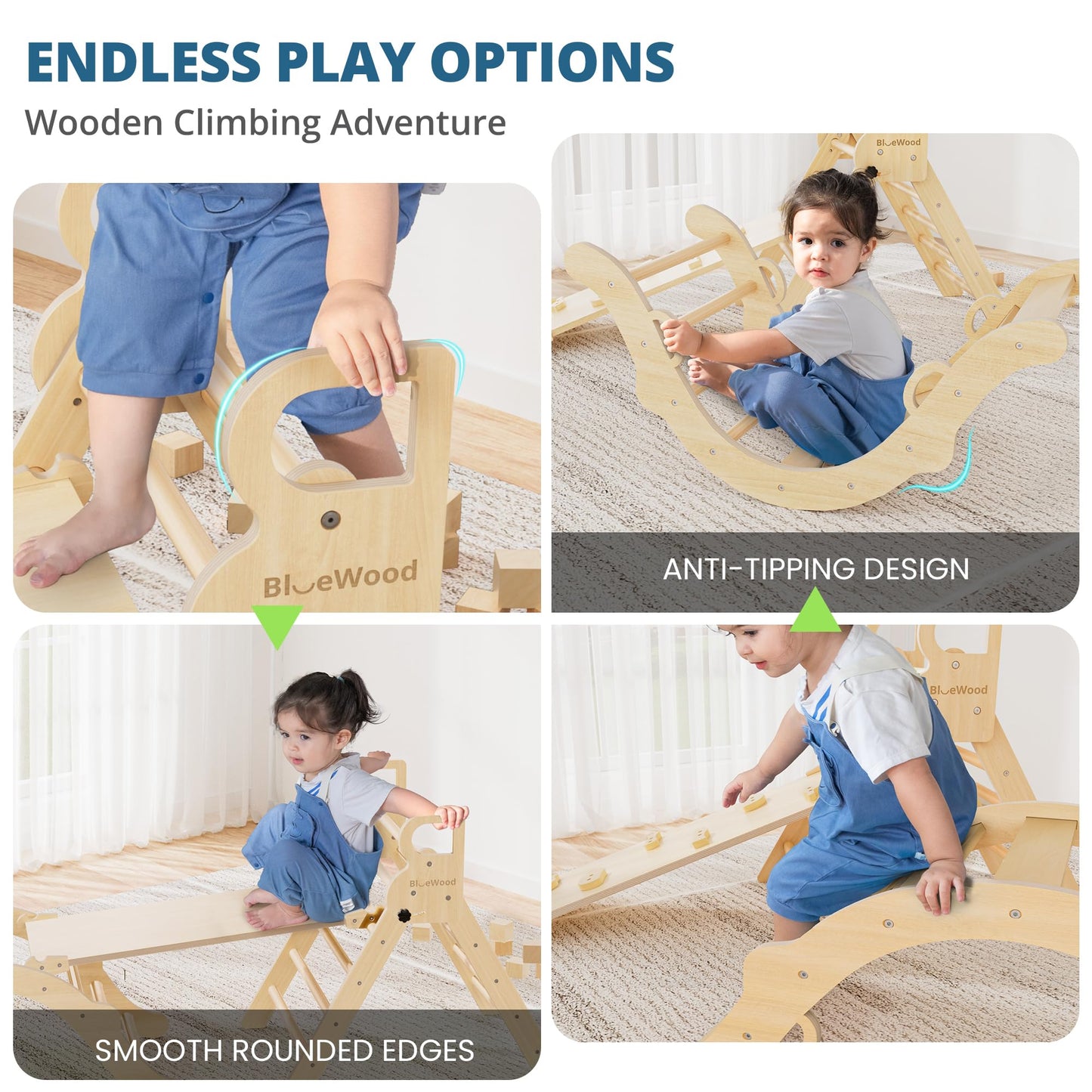 BlueWood Pikler Triangle Set – 7-in-1 Indoor Climber for Toddlers | Montessori Play Jungle Gym (Natural)