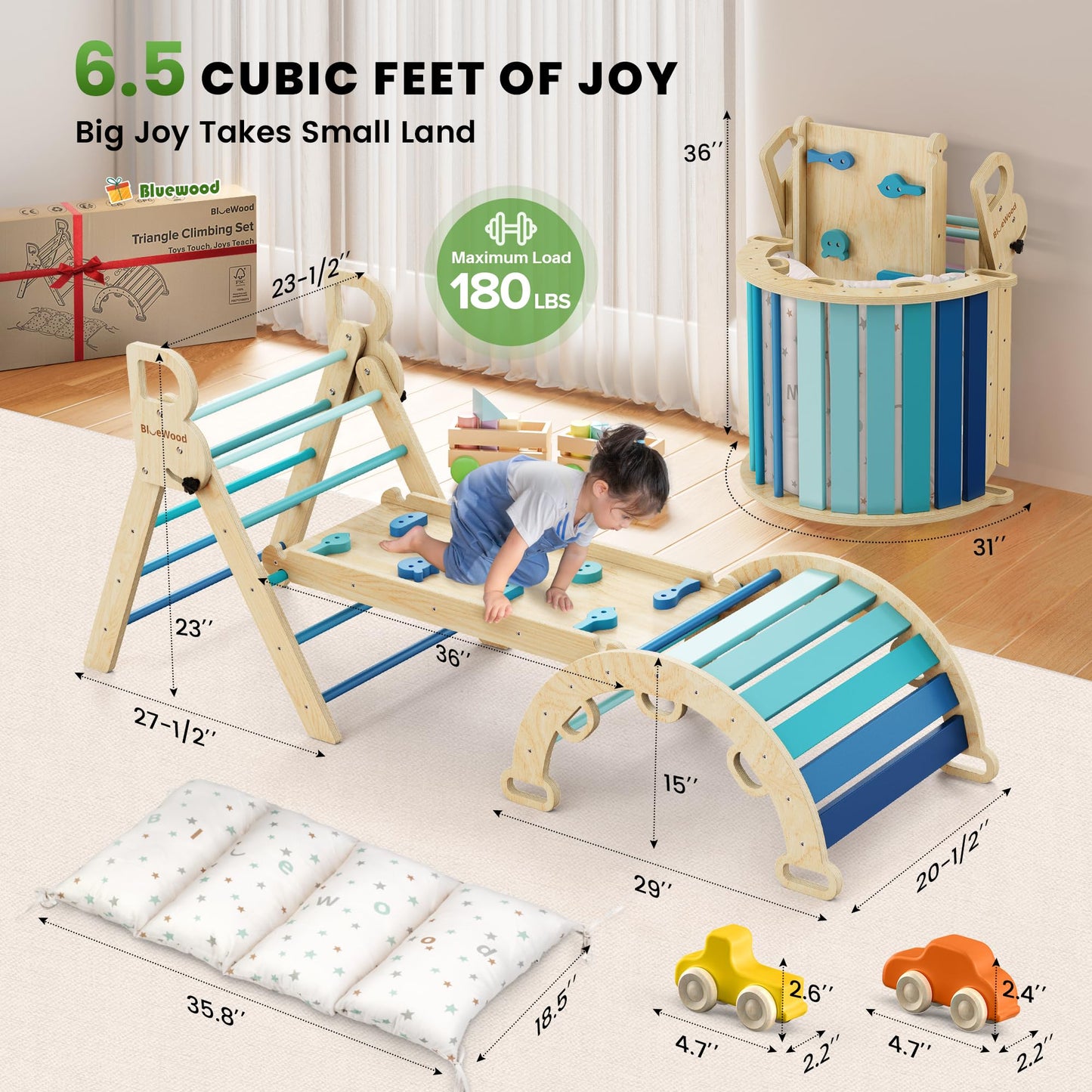BlueWood Pikler Triangle Set with Cushion – 9-in-1 Montessori Climbing Toy for Toddlers (Blue)