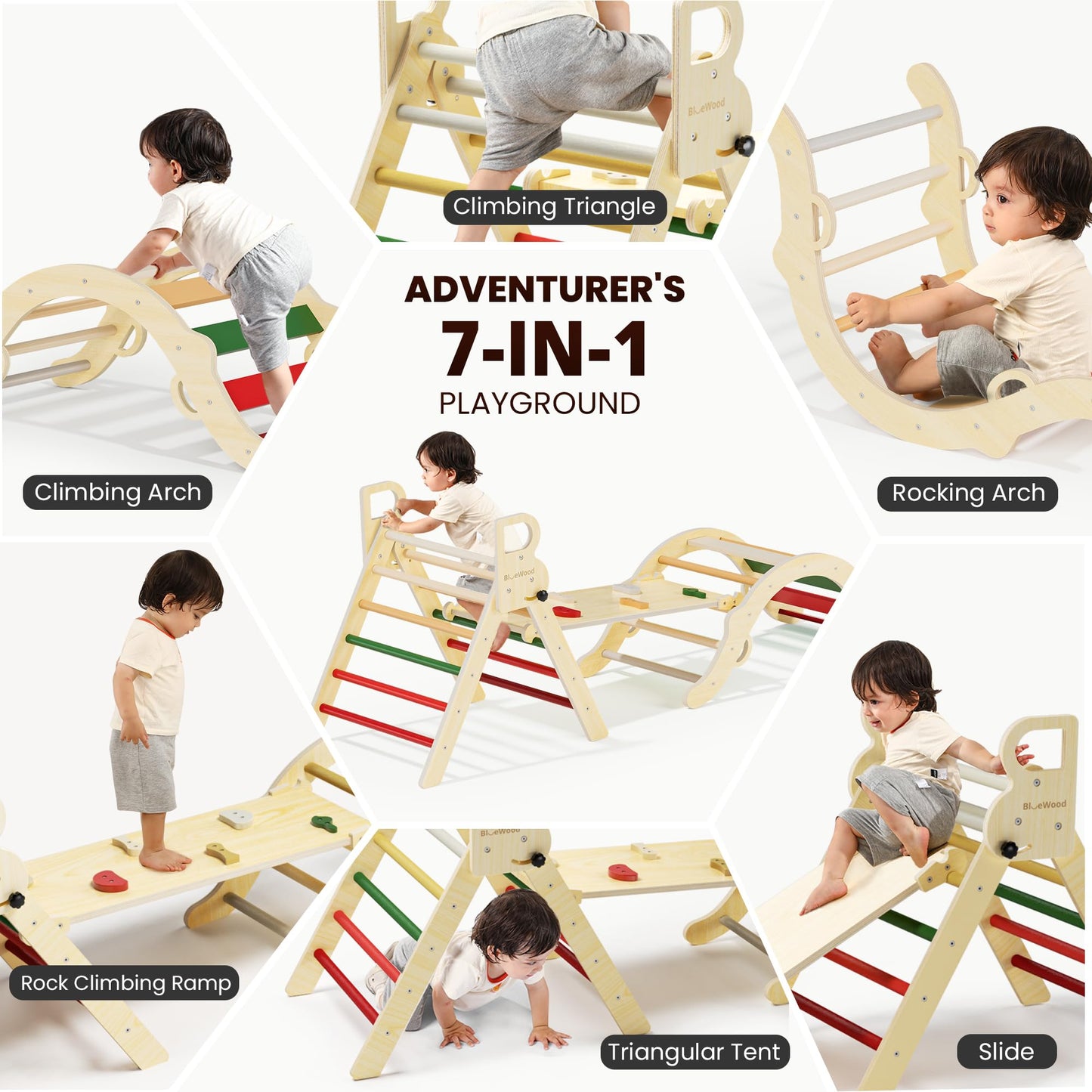 BlueWood Pikler Triangle Set – 7-in-1 Foldable Montessori Climber for Kids | Indoor Wooden Climber