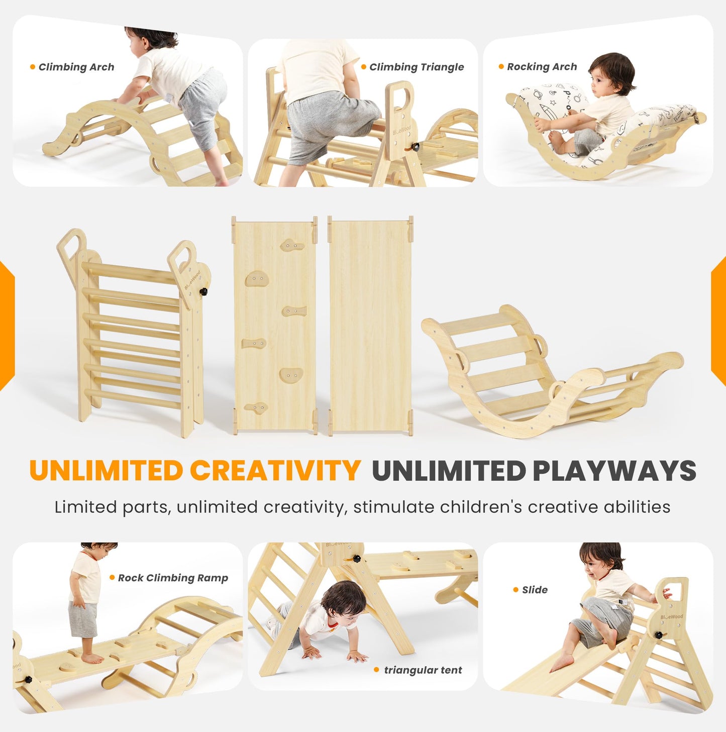 BlueWood Pikler Triangle Set with Cushion — 8-in-1 Montessori Climbing Toy for Toddlers (Natural Wood)