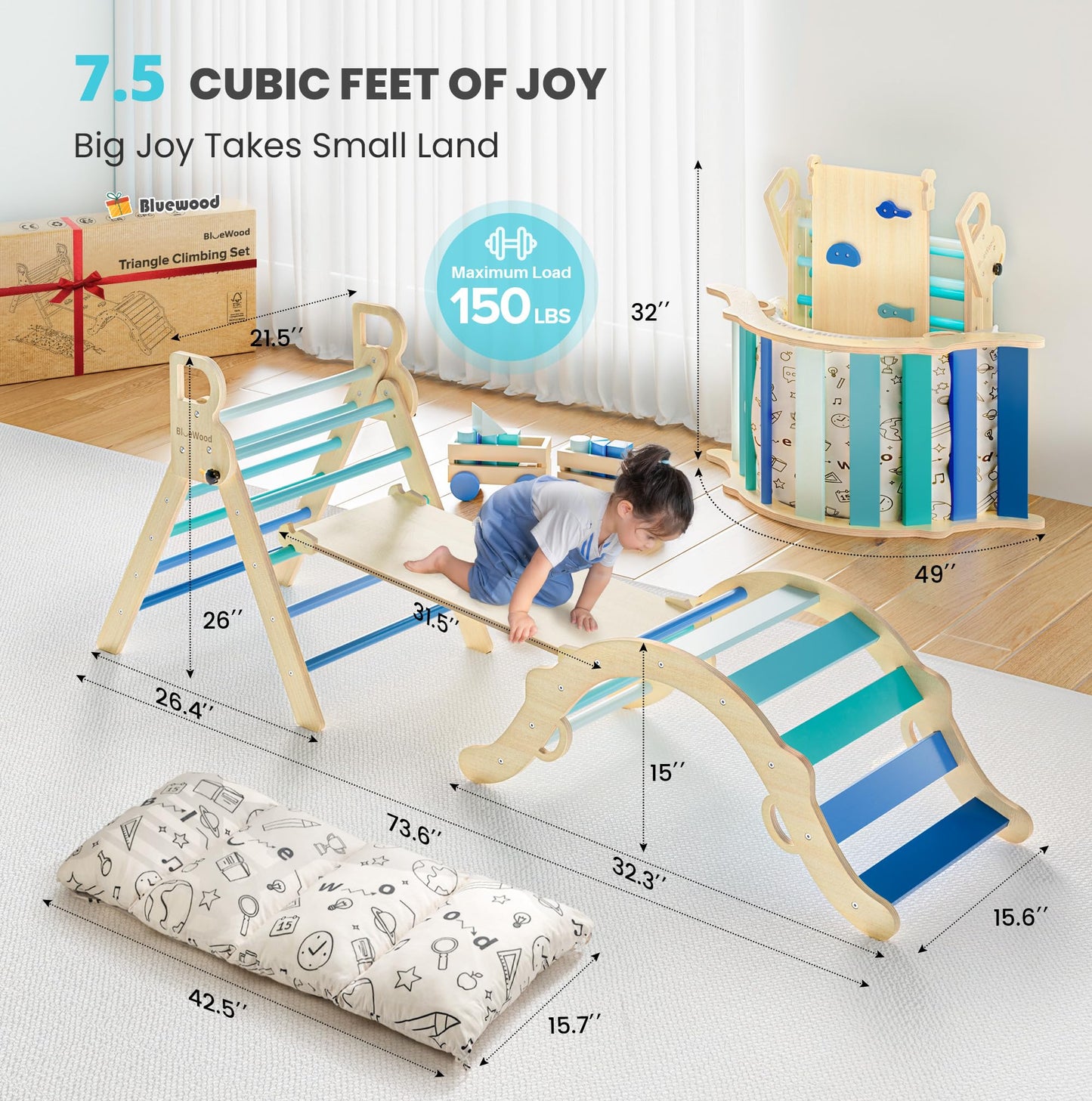 BlueWood Pikler Triangle Set with Cushion – 8-in-1 Montessori Climber
