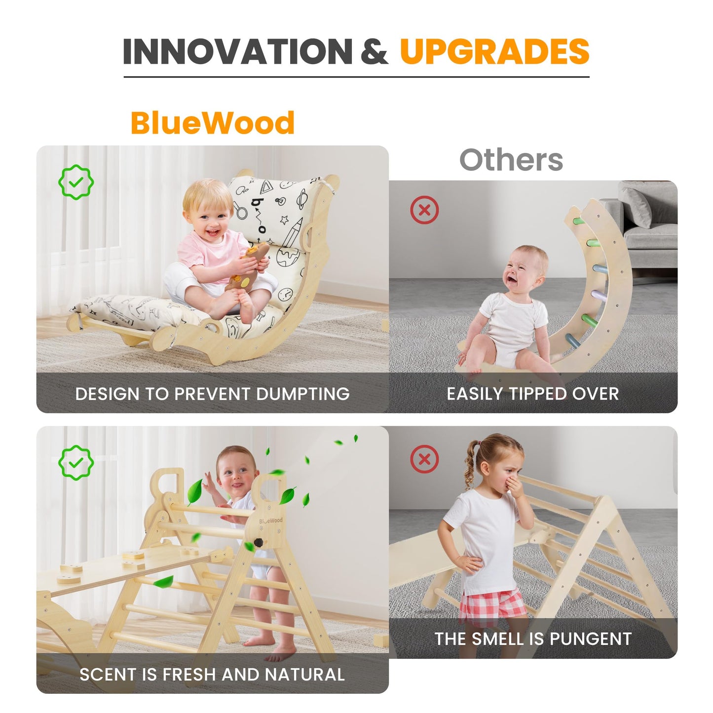 BlueWood Pikler Triangle Set with Cushion — 8-in-1 Montessori Climbing Toy for Toddlers (Natural Wood)