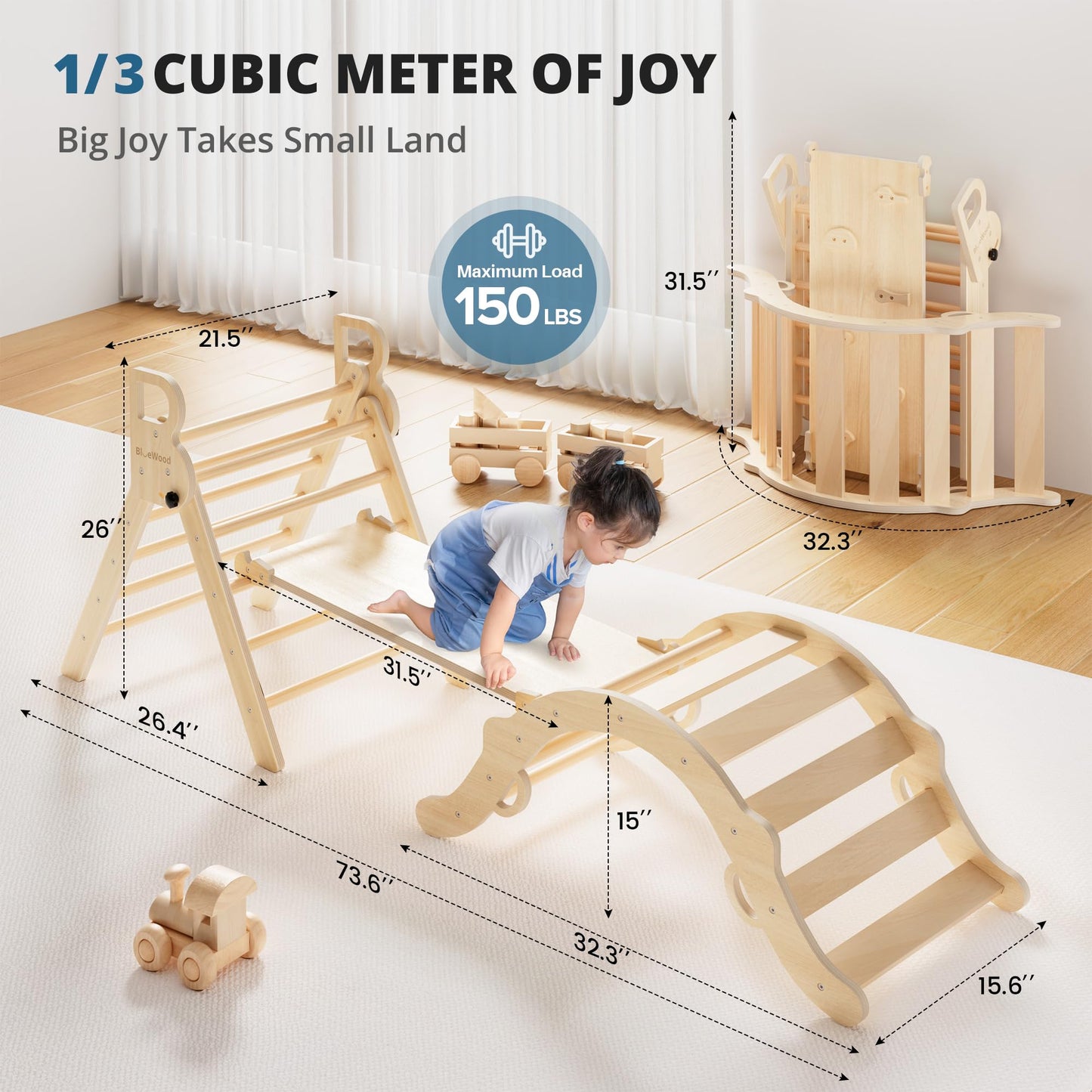 BlueWood Pikler Triangle Set – 7-in-1 Indoor Climber for Toddlers | Montessori Play Jungle Gym (Natural)