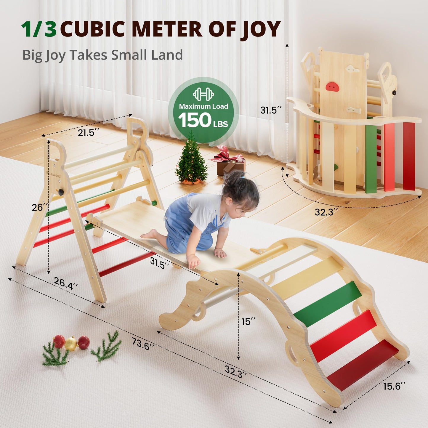 BlueWood Pikler Triangle Set – 7-in-1 Foldable Montessori Climber for Kids | Indoor Wooden Climber