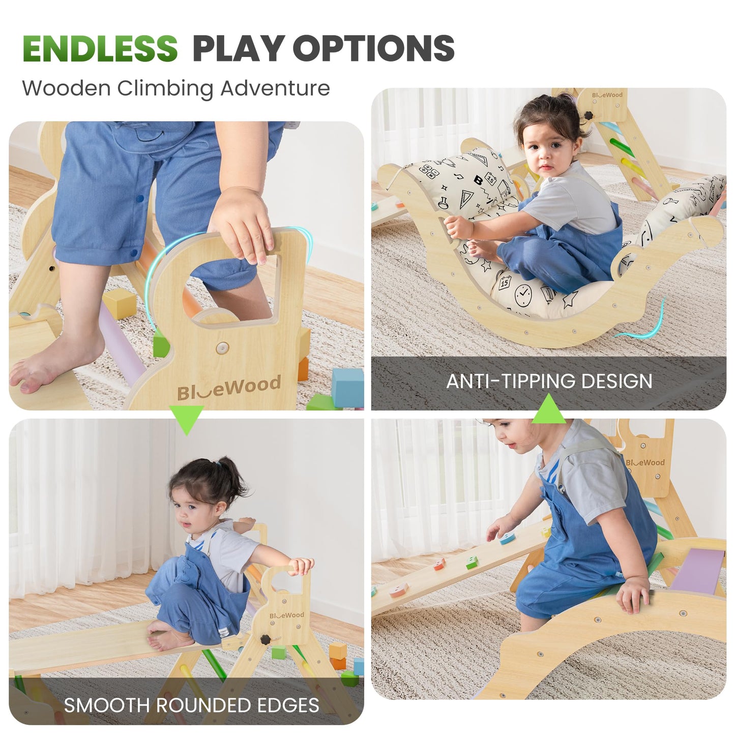 BlueWood Pikler Triangle Set with Cushion – 8-in-1 Montessori Climbing Toy for Toddlers (Sunshine Rainbow)