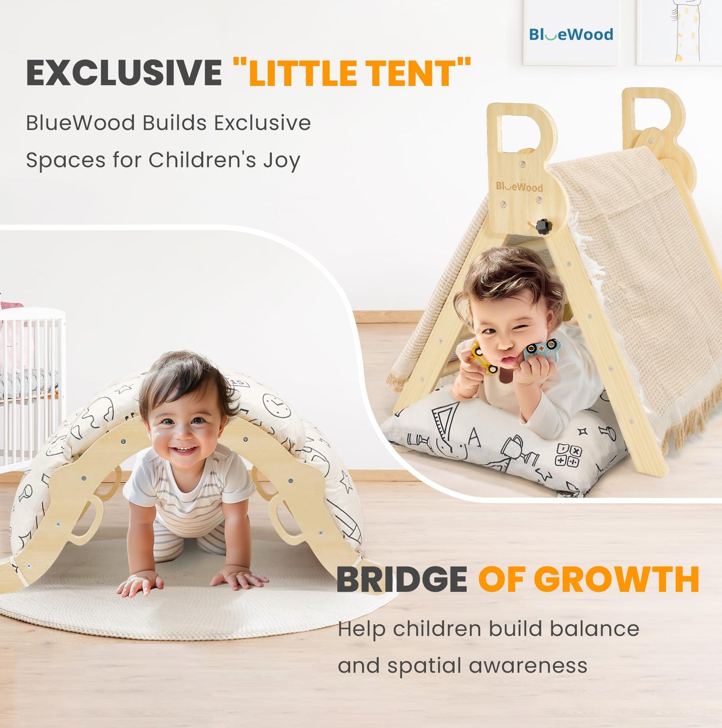 BlueWood Pikler Triangle Set with Cushion — 8-in-1 Montessori Climbing Toy for Toddlers (Natural Wood)