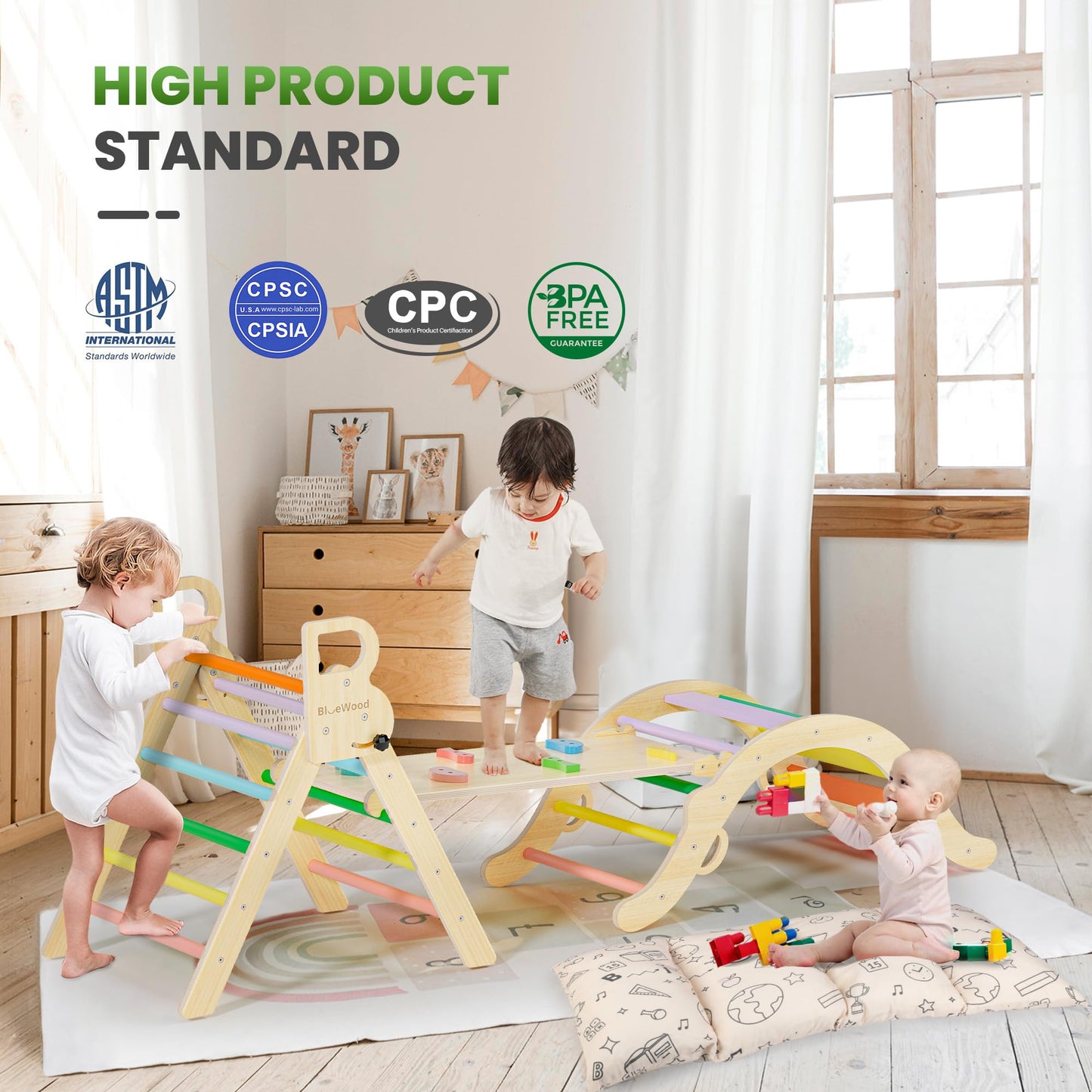 BlueWood Pikler Triangle Set with Cushion – 8-in-1 Montessori Climbing Toy for Toddlers (Sunshine Rainbow)