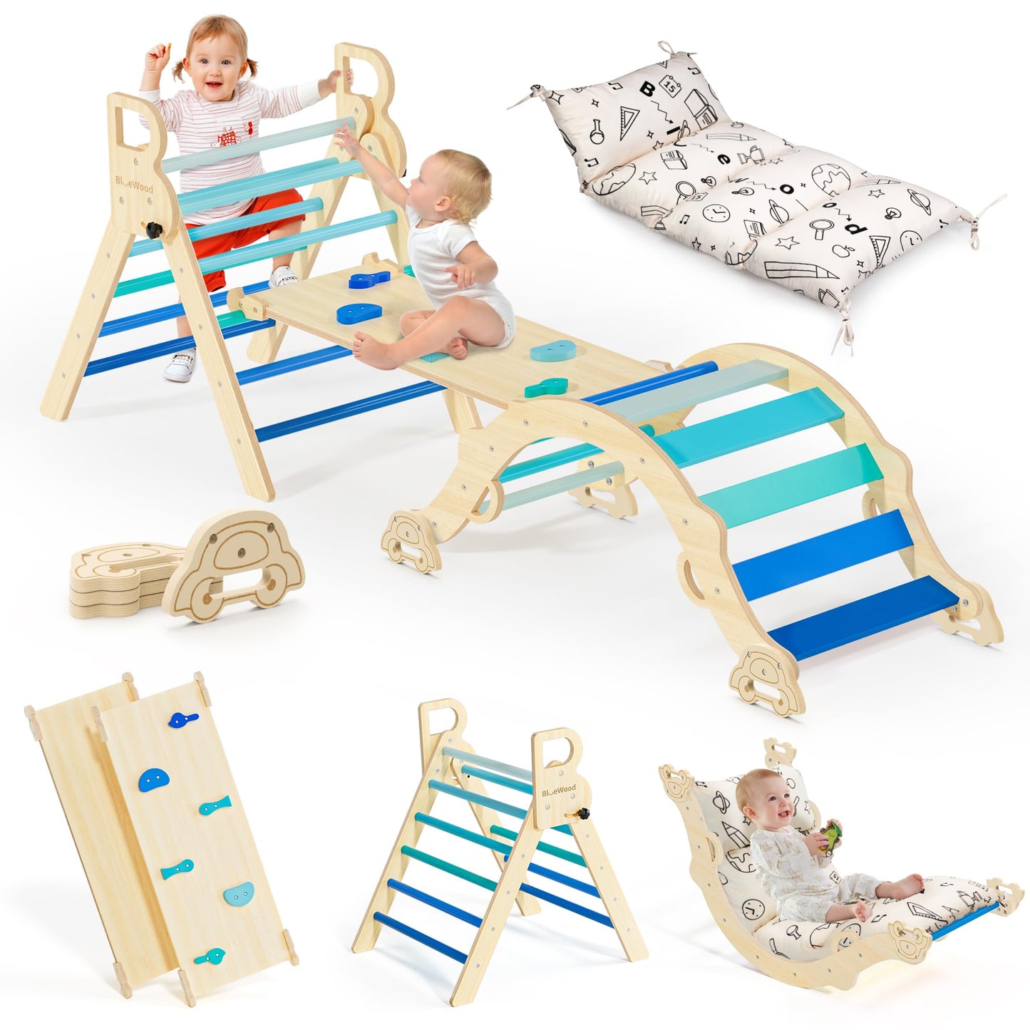 BlueWood Pikler Triangle Set with Cushion – 8-in-1 Montessori Climber