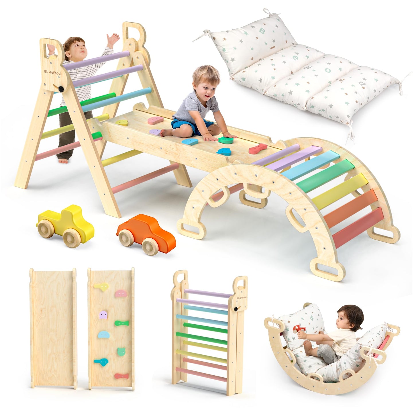 BlueWood Pikler Triangle Set with Cushion – 9-in-1 Montessori Play Gym for Toddlers (Rainbow)