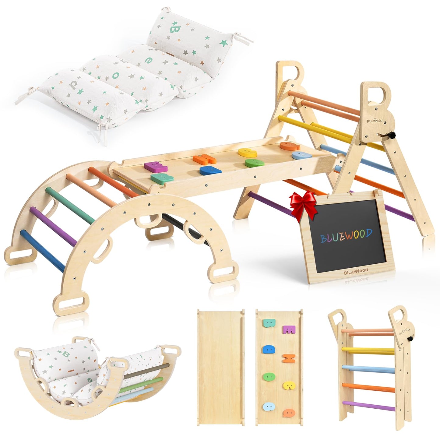 BlueWood Pikler Triangle Set with Cushion | 8-in-1 Foldable Indoor Climber for 2-6 Years – Rainbow