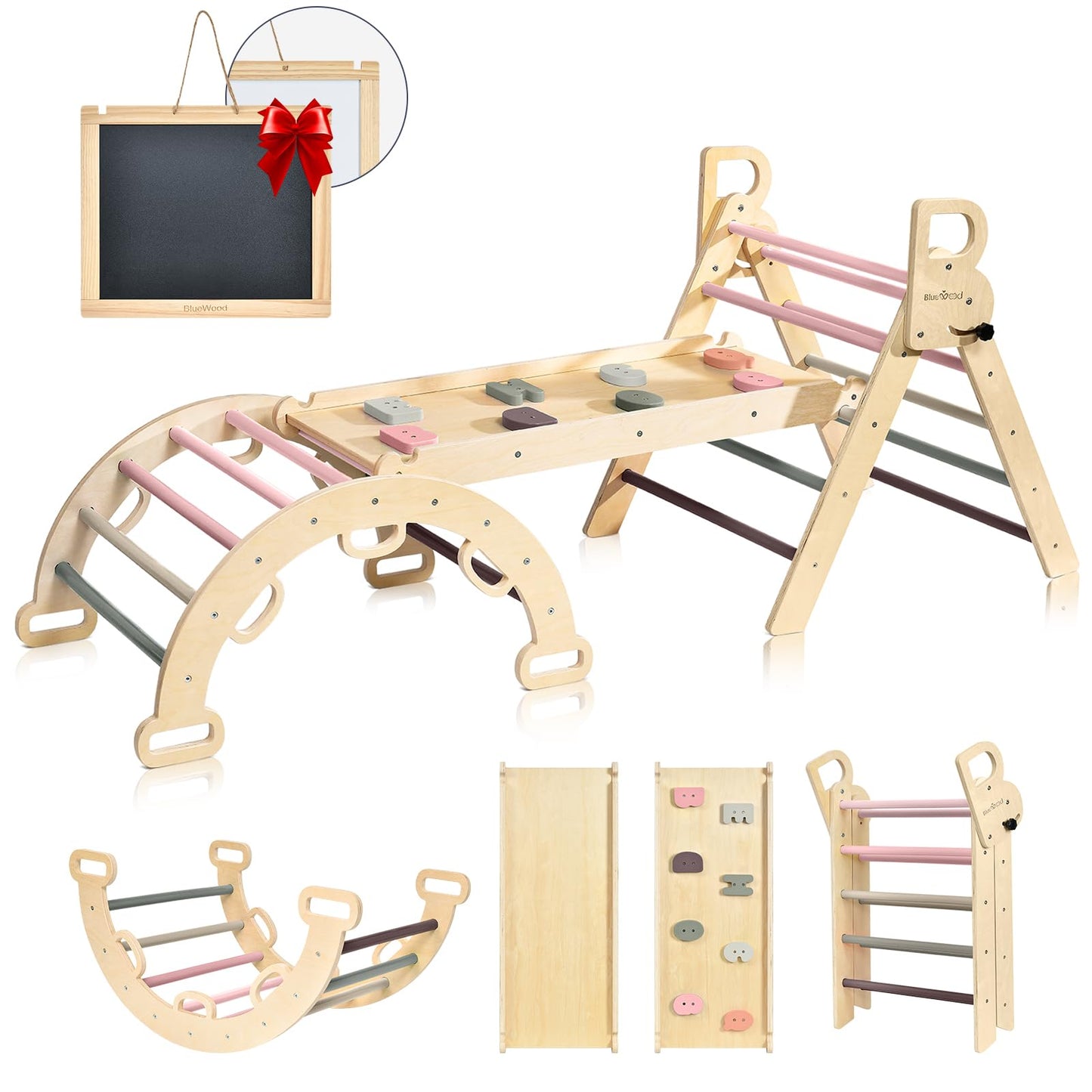 BlueWood Pikler Triangle Set – 7-in-1 Foldable Wooden Climber for 2-6 Years (Mauve Pink)