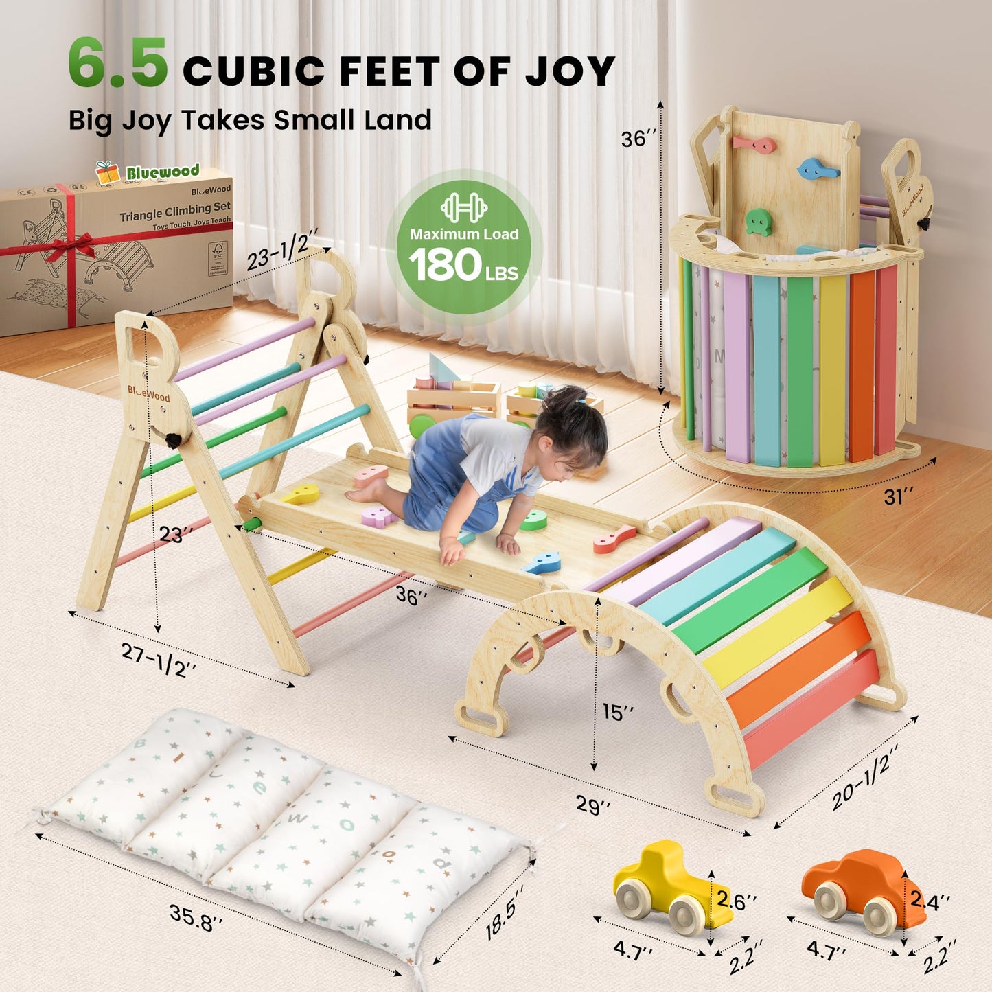 BlueWood Pikler Triangle Set with Cushion – 9-in-1 Montessori Play Gym for Toddlers (Rainbow)