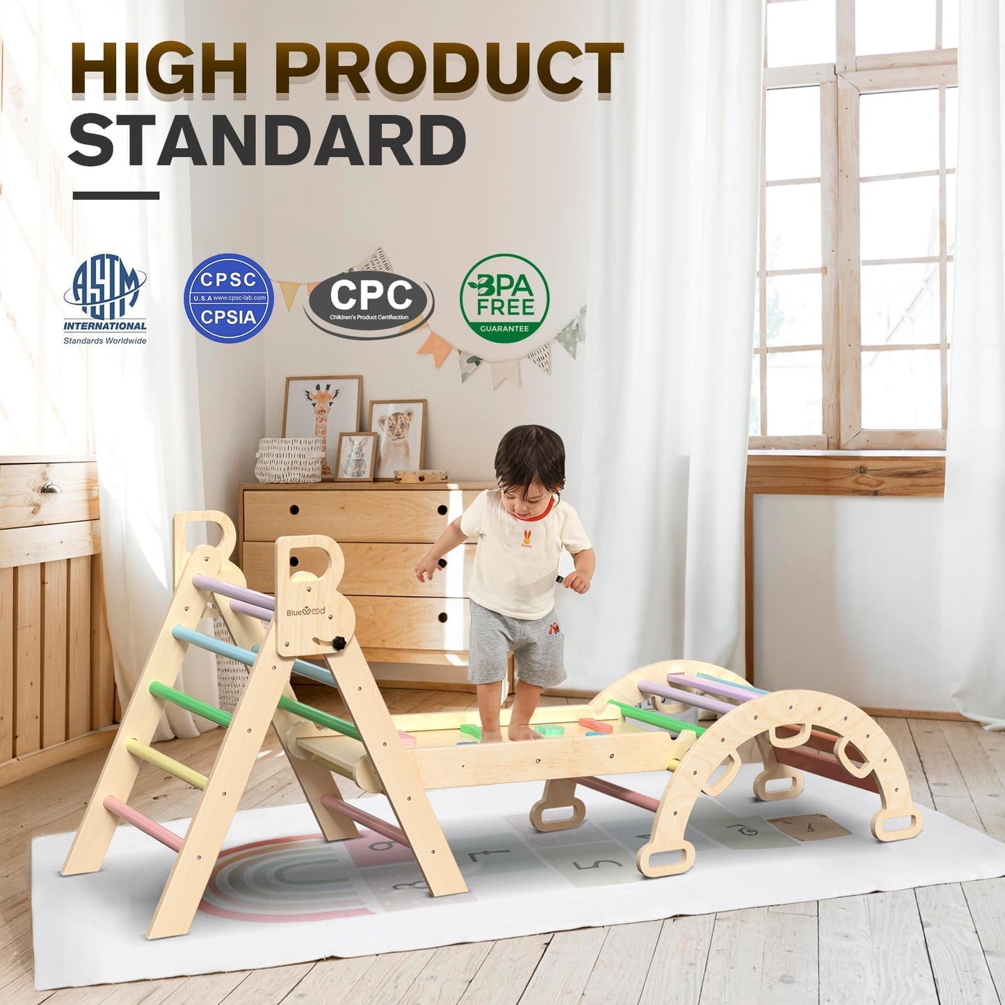 BlueWood Pikler Triangle Set – 7-in-1 Foldable Rainbow Indoor Climber for Toddlers