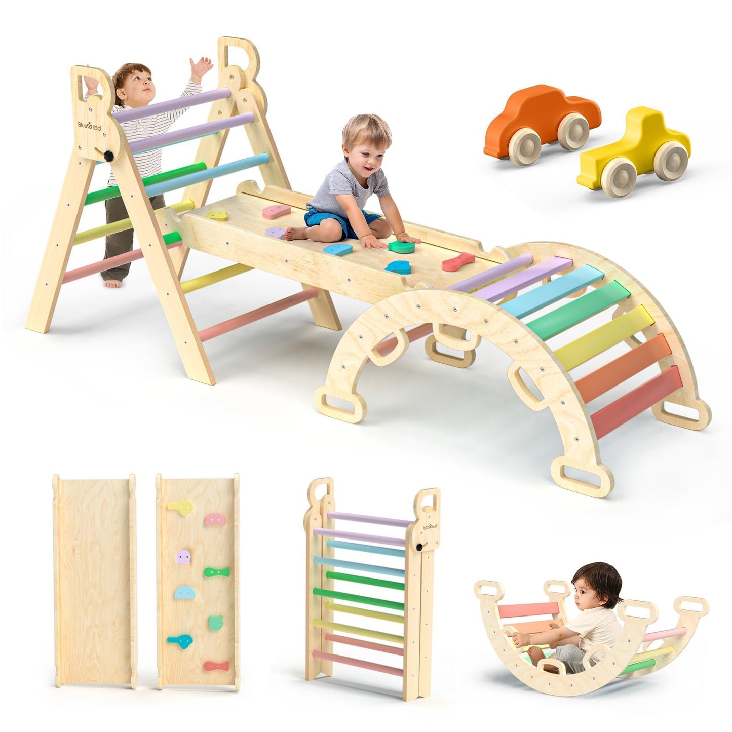 BlueWood Pikler Triangle Set – 7-in-1 Foldable Rainbow Indoor Climber for Toddlers