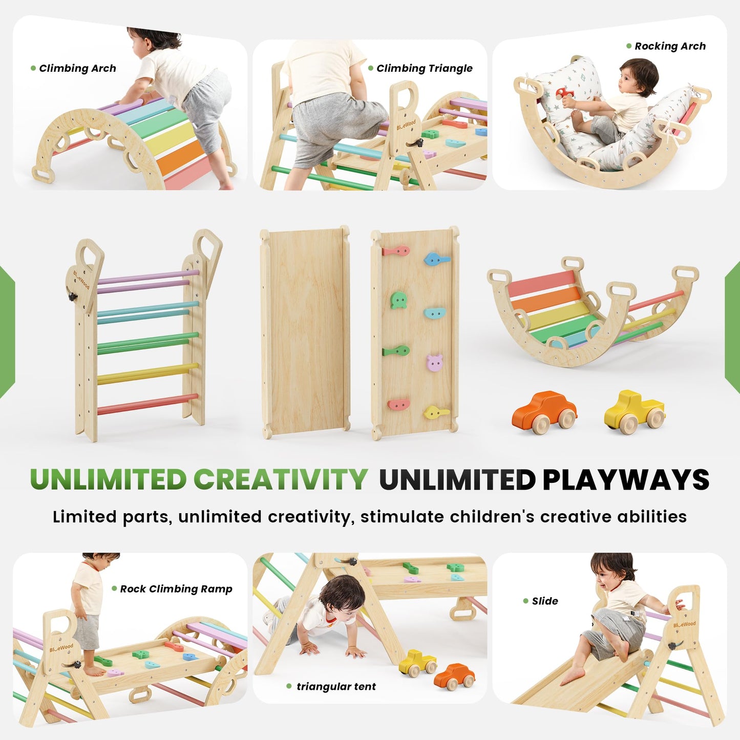 BlueWood Pikler Triangle Set with Cushion – 9-in-1 Montessori Play Gym for Toddlers (Rainbow)