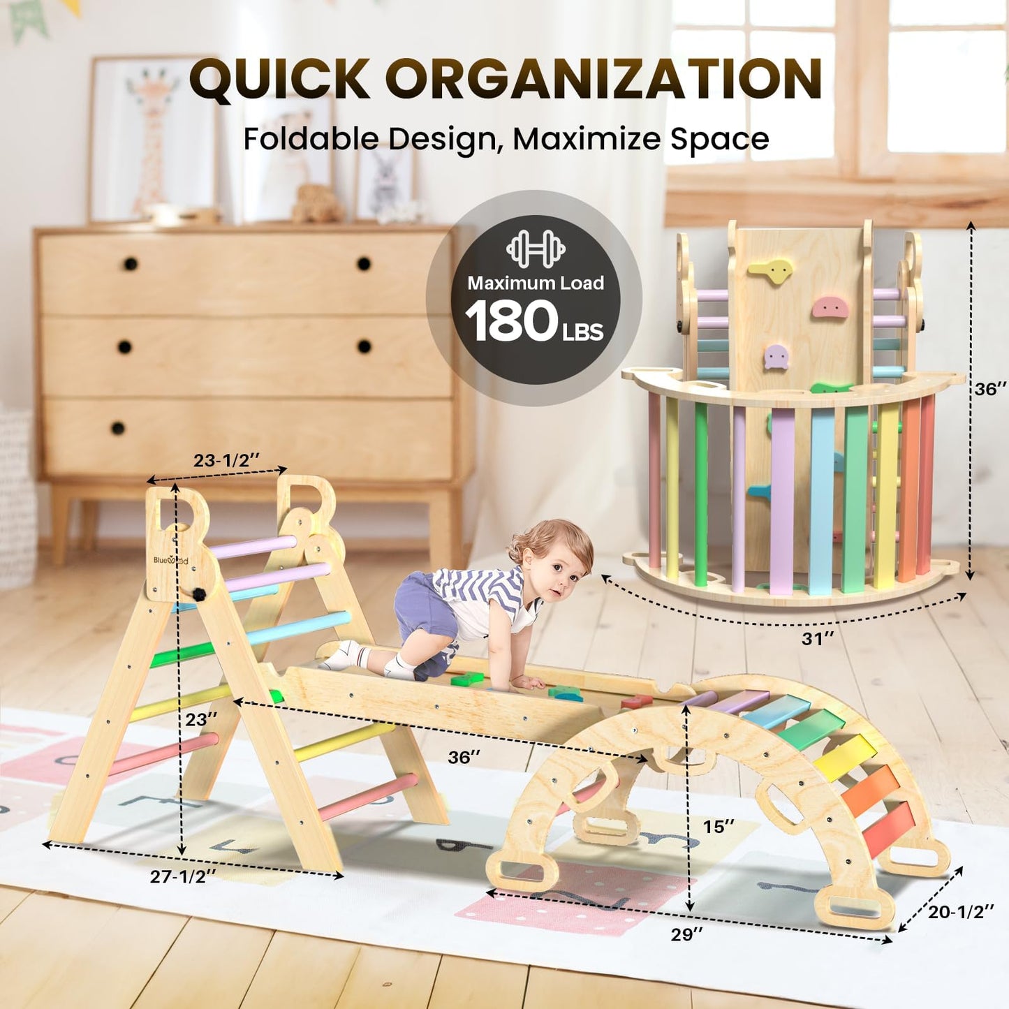 BlueWood Pikler Triangle Set – 7-in-1 Foldable Rainbow Indoor Climber for Toddlers