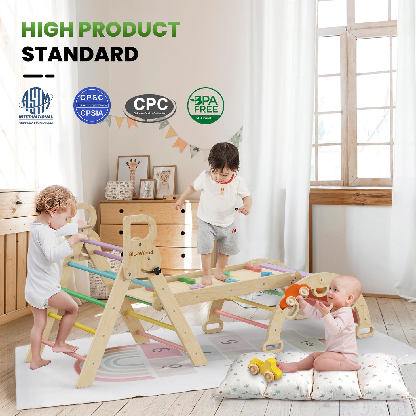 BlueWood Pikler Triangle Set with Cushion – 9-in-1 Montessori Play Gym for Toddlers (Rainbow)