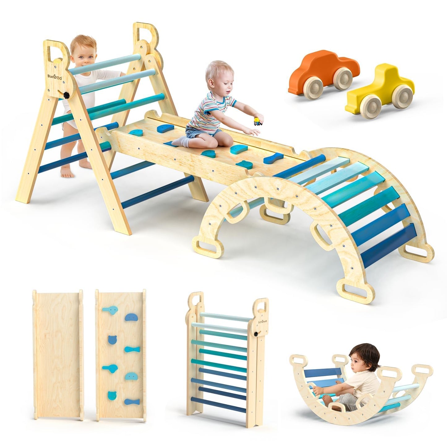 BlueWood Pikler Triangle Set – Sky Blue | 7-in-1 Montessori Indoor Climbing Toy