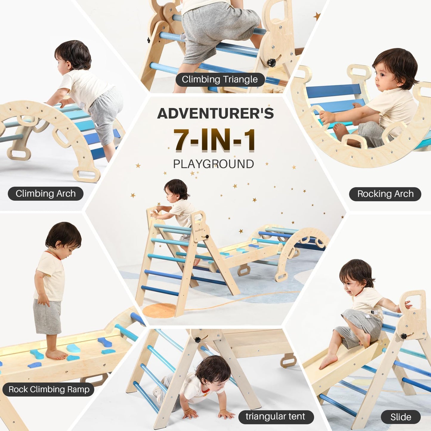 BlueWood Pikler Triangle Set – Sky Blue | 7-in-1 Montessori Indoor Climbing Toy