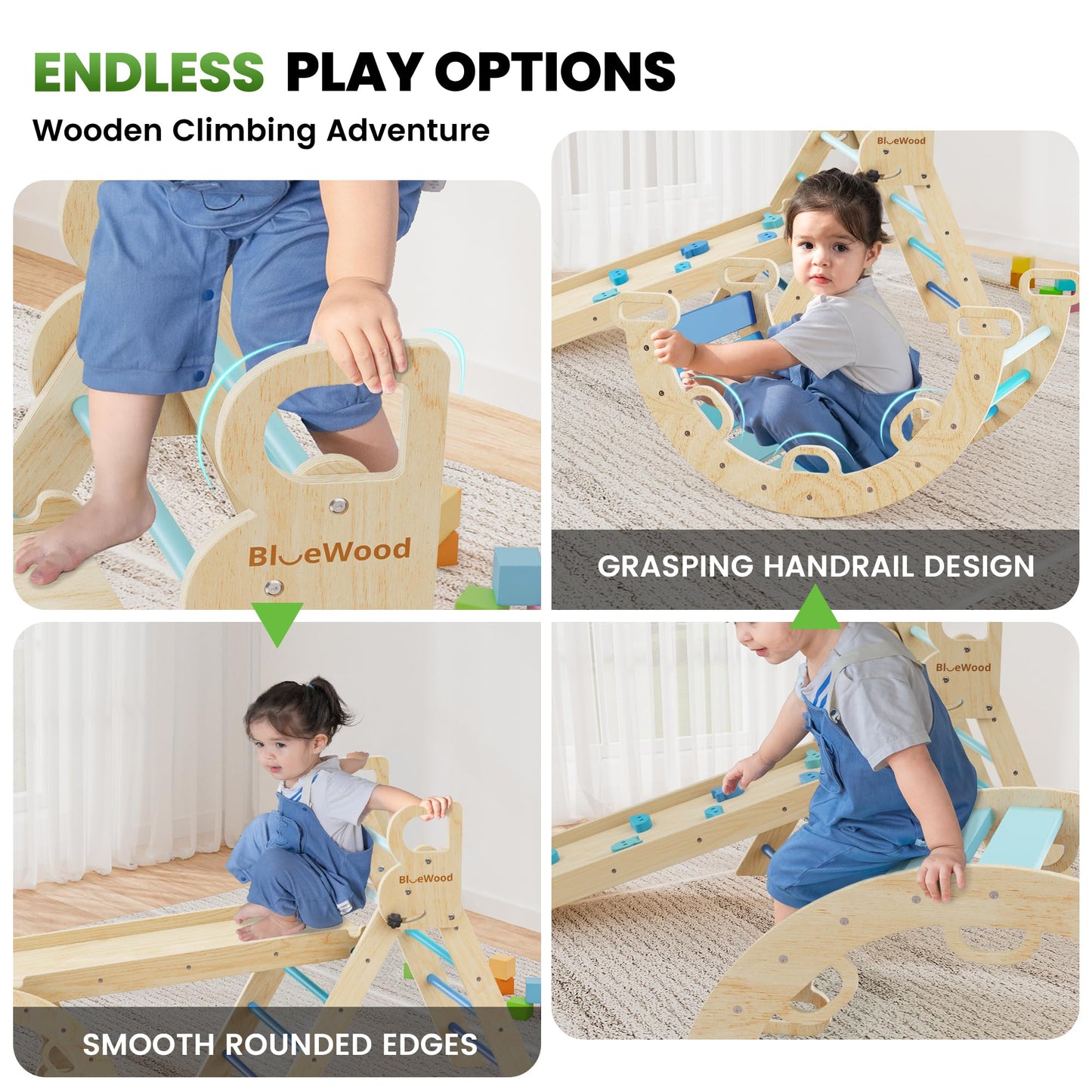 BlueWood Pikler Triangle Set – Sky Blue | 7-in-1 Montessori Indoor Climbing Toy