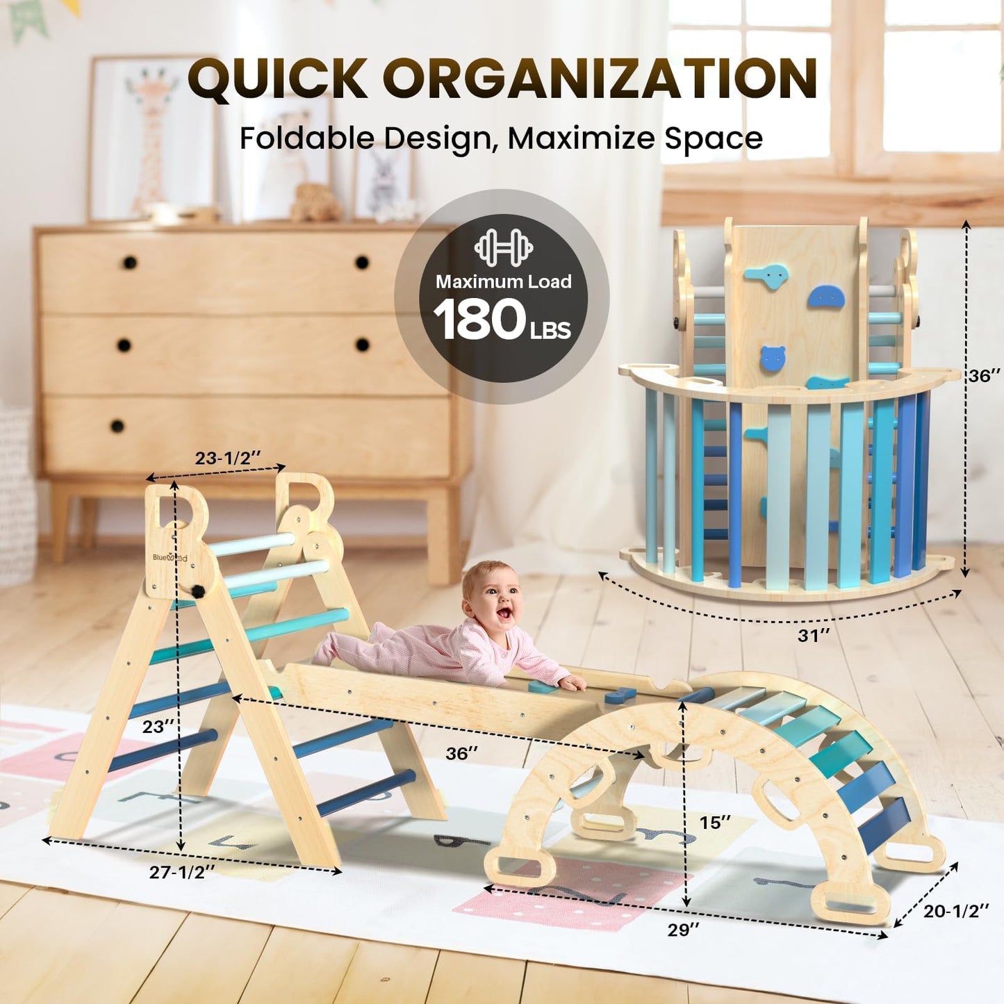BlueWood Pikler Triangle Set – Sky Blue | 7-in-1 Montessori Indoor Climbing Toy