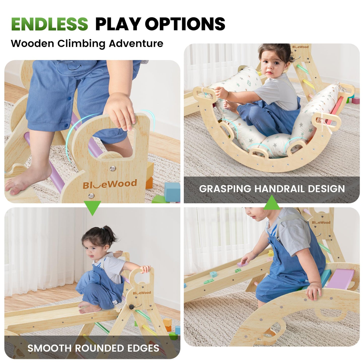 BlueWood Pikler Triangle Set with Cushion – 9-in-1 Montessori Play Gym for Toddlers (Rainbow)