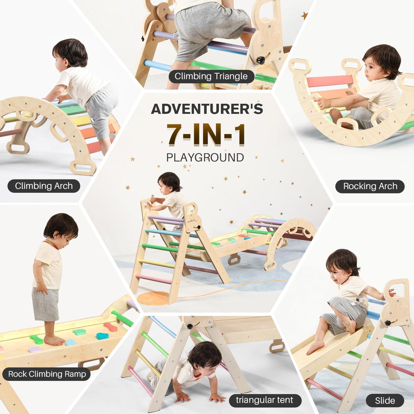 BlueWood Pikler Triangle Set – 7-in-1 Foldable Rainbow Indoor Climber for Toddlers