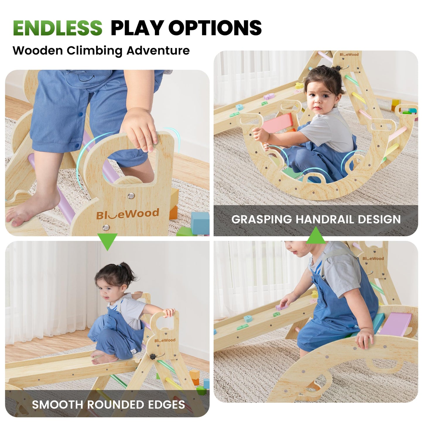 BlueWood Pikler Triangle Set – 7-in-1 Foldable Rainbow Indoor Climber for Toddlers