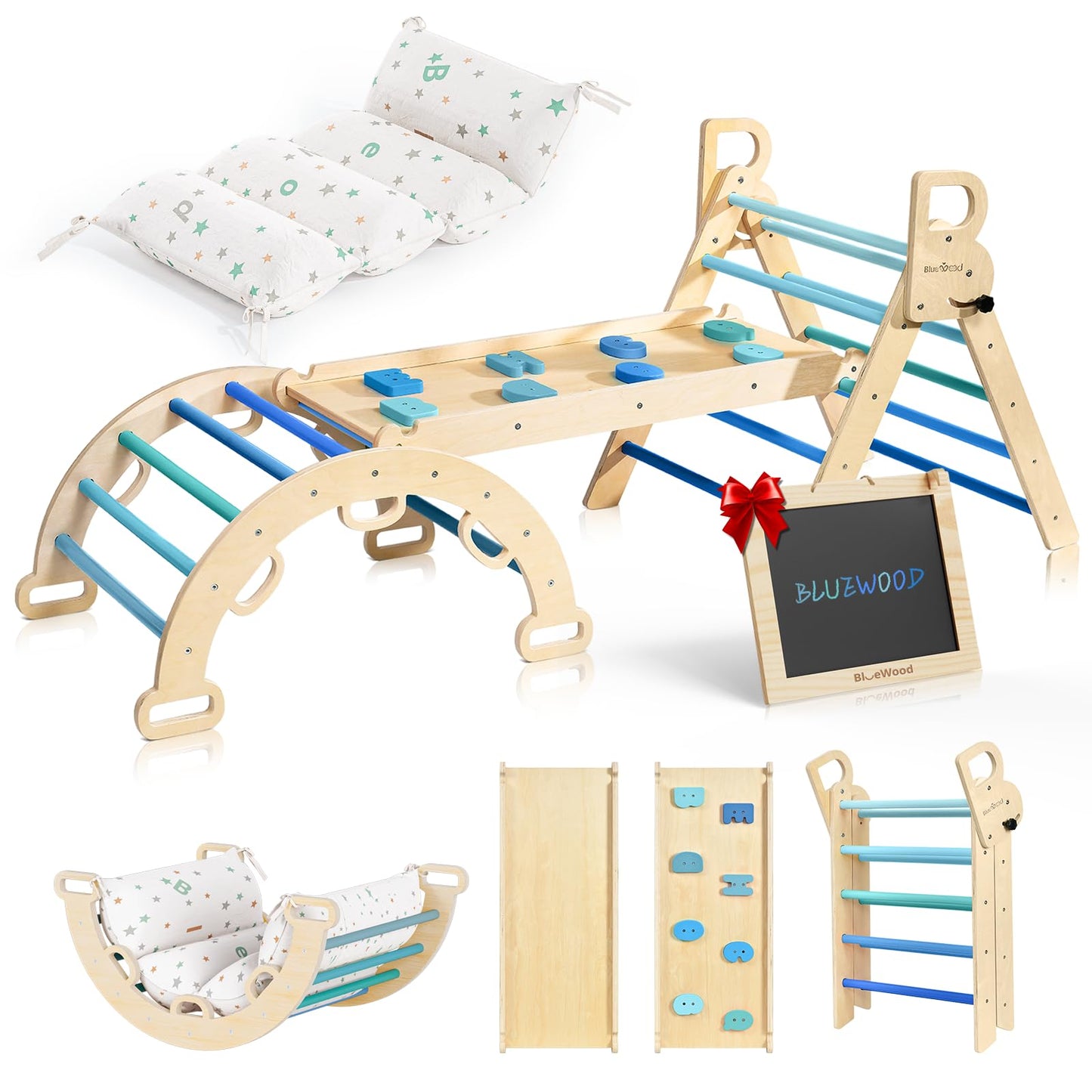 BlueWood Pikler Triangle Set with Cushion — 8-in-1 Foldable Montessori Climber for 2–6 Years