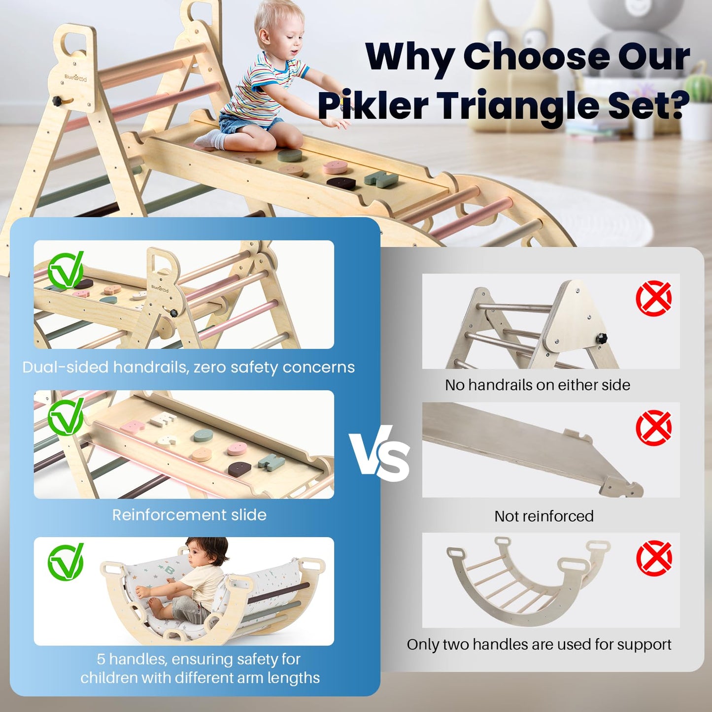 BlueWood Pikler Triangle Set with Cushion – 8-in-1 Foldable Montessori Climber (Mauve Pink)