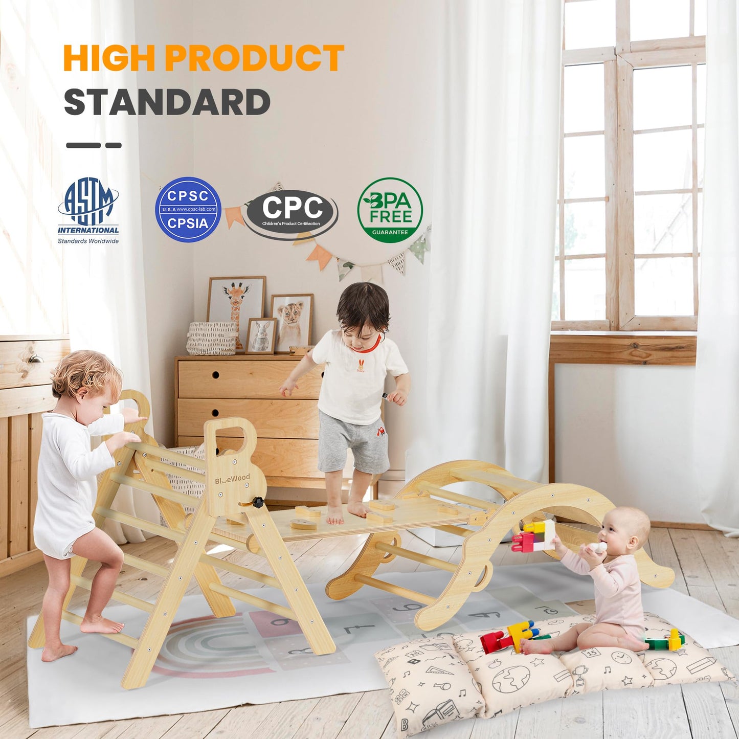 BlueWood Pikler Triangle Set with Cushion — 8-in-1 Montessori Climbing Toy for Toddlers (Natural Wood)