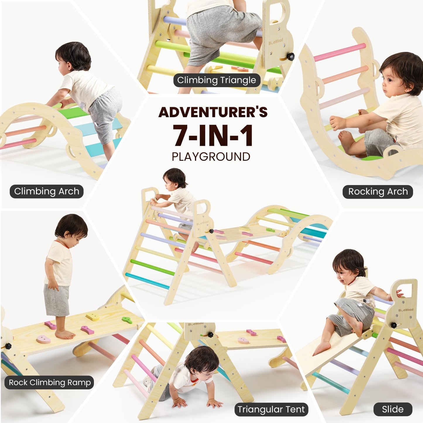 BlueWood Pikler Triangle Set – 7-in-1 Foldable Indoor Climber for Kids | Montessori Play Gym