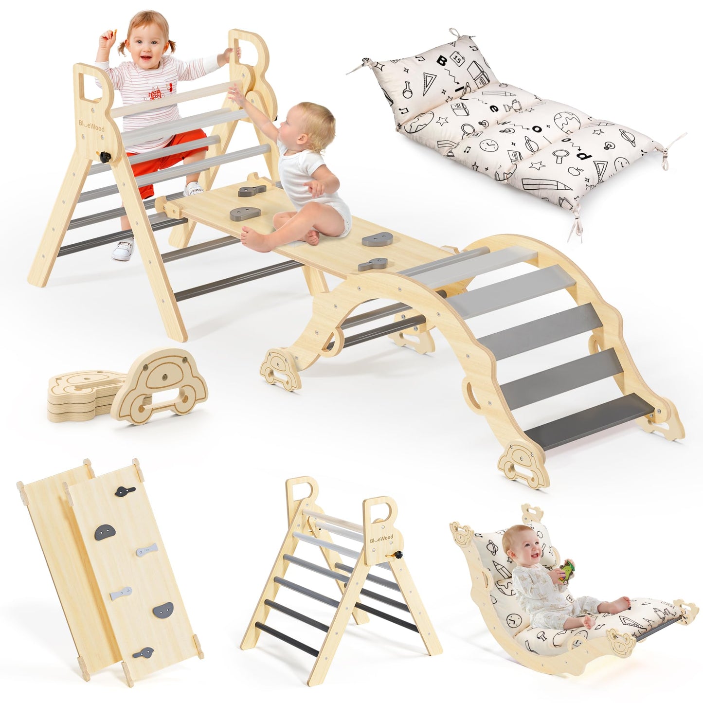 BlueWood Pikler Triangle Set with Cushion – 8-in-1 Montessori Climbing Toy for Toddlers (Elegant Gray)