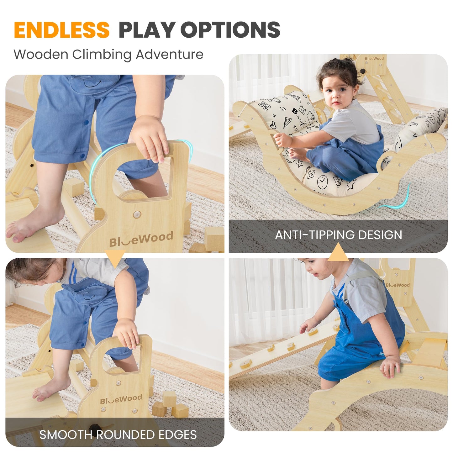 BlueWood Pikler Triangle Set with Cushion — 8-in-1 Montessori Climbing Toy for Toddlers (Natural Wood)