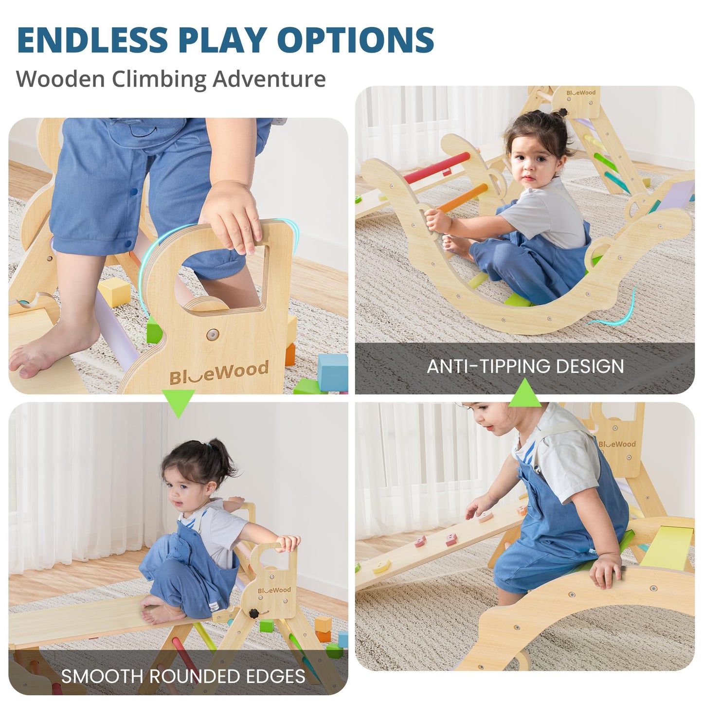 BlueWood Pikler Triangle Set – 7-in-1 Foldable Indoor Climber for Kids | Montessori Play Gym