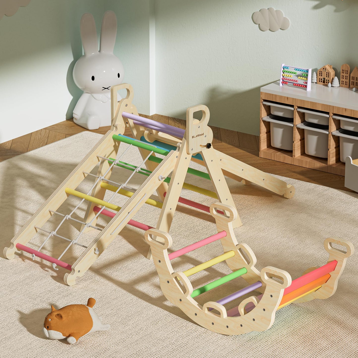 BlueWood 8-in-1 Pikler Triangle Climbing Set - Rainbow | Indoor Toddler Playground