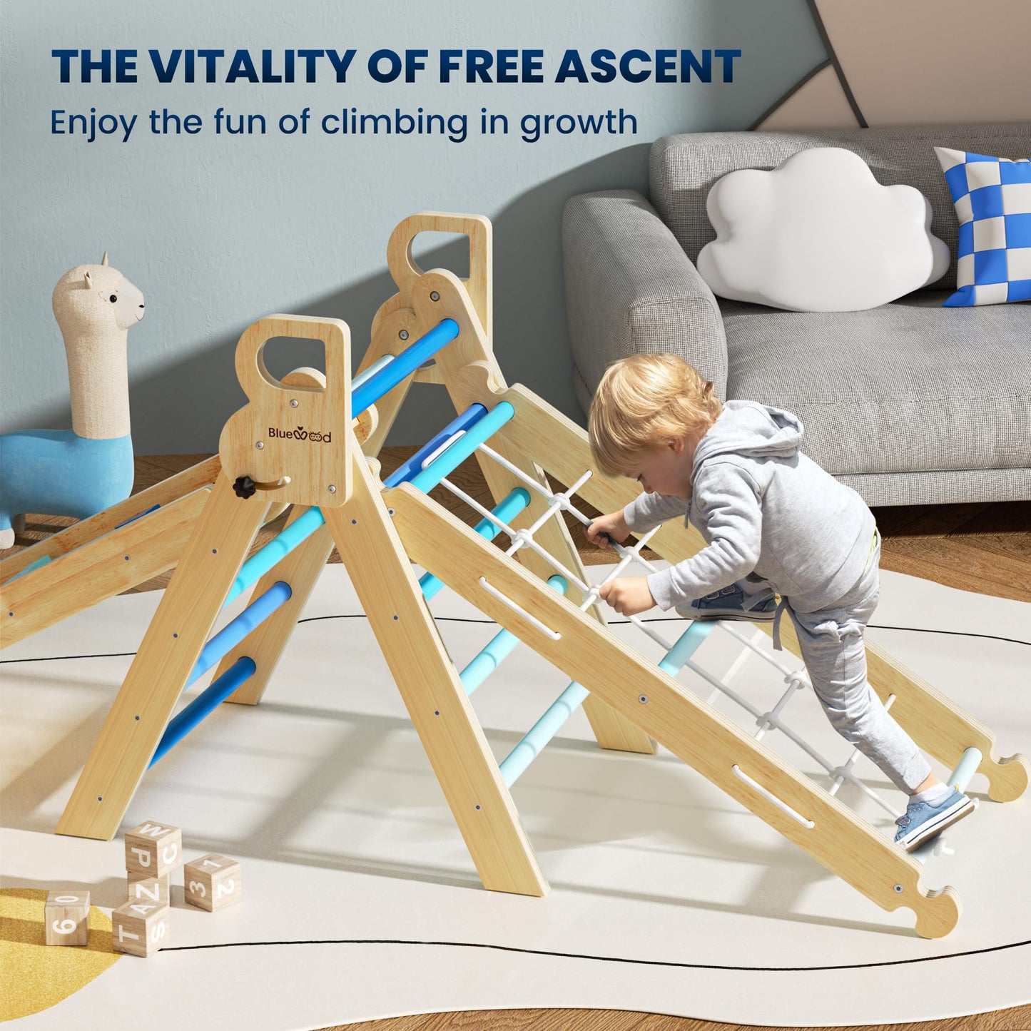 BlueWood 2025 8-in-1 Pikler Triangle Climbing Set | Sky Blue Indoor Toddler Gym