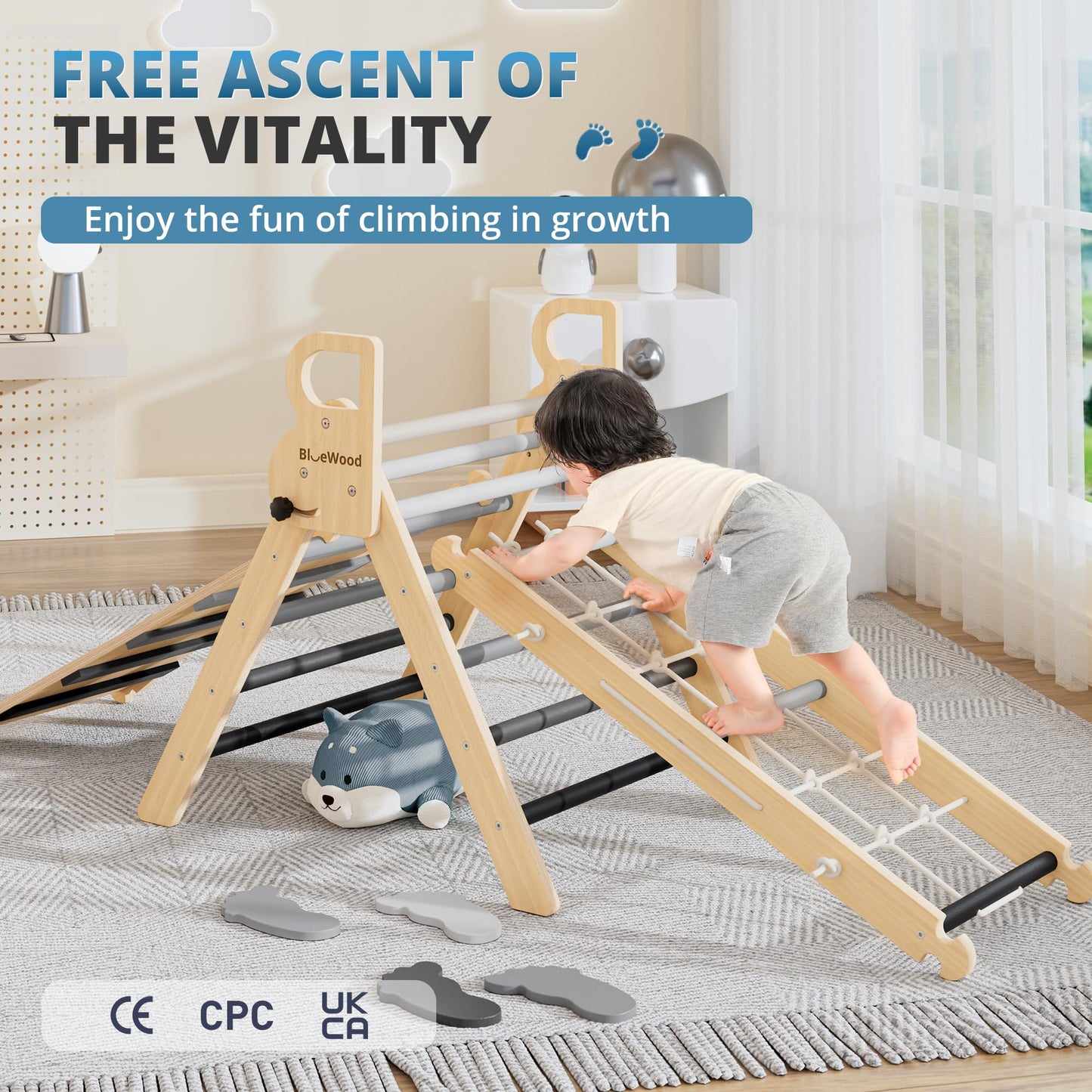 BlueWood 10-in-1 Pikler Triangle Set – Montessori Toddler Climber (Grey Twilight)