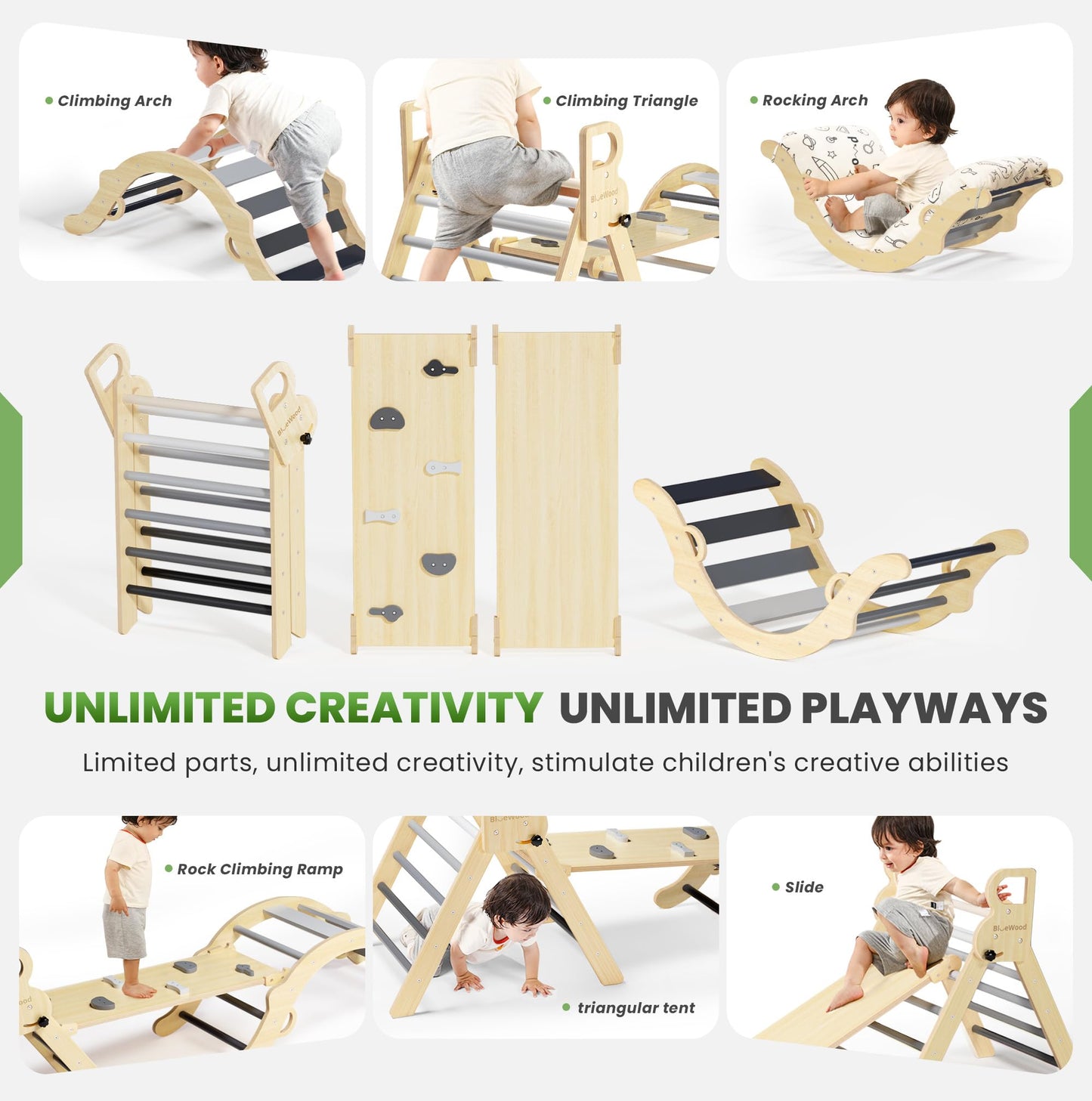 BlueWood Pikler Triangle Set with Cushion – 8-in-1 Montessori Climbing Toy for Toddlers (Elegant Gray)