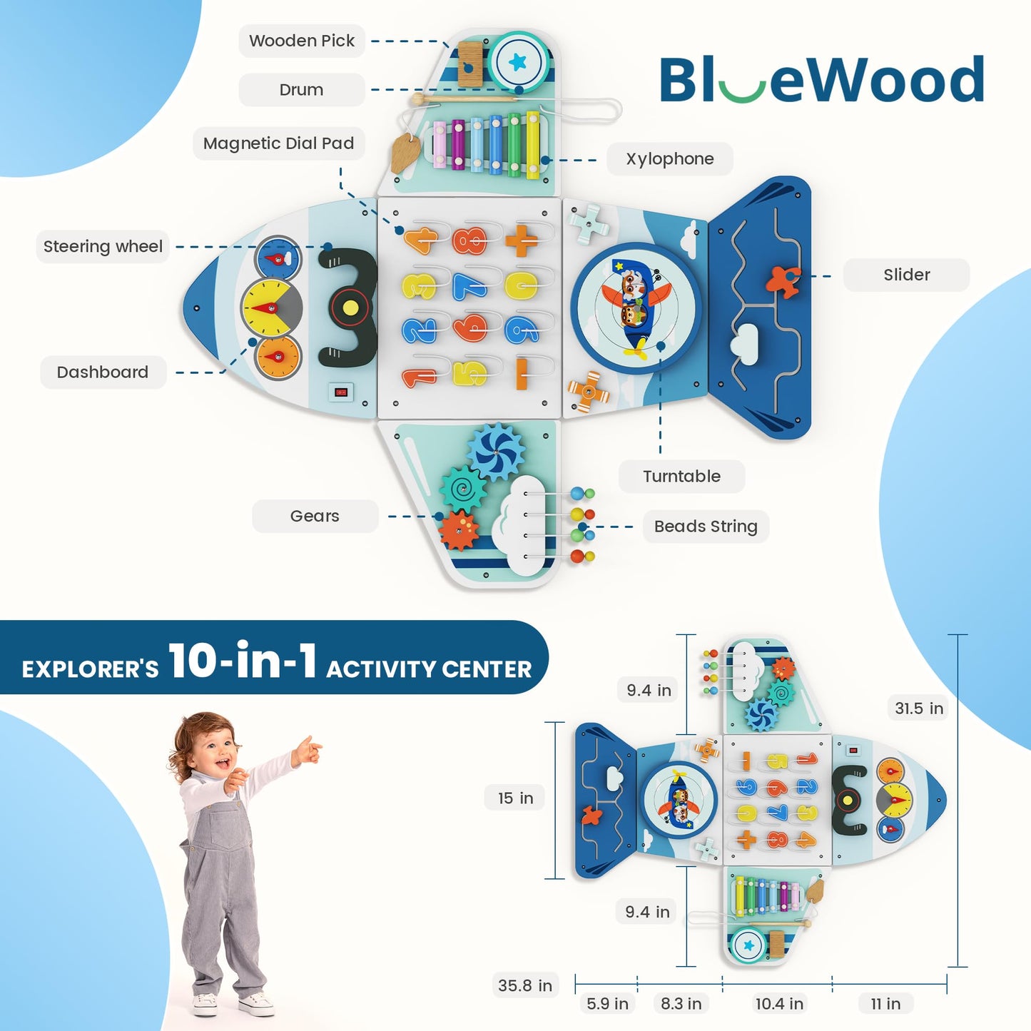 BlueWood Aircraft Busy Board Panel – Wooden Wall Activity Center for Toddler Learning | Montessori Sensory Toy